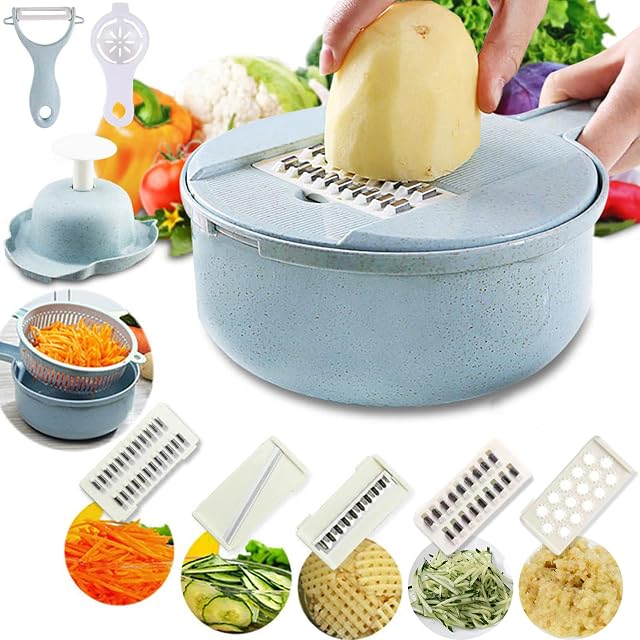 12 in 1 Vegetable Chopper, Multi-Function Kitchen Mandoline Slicer, 5 Replaceable Stainless Steel Vegetable Cutter with Egg Separator Hand Guard Julienne Grater for Onion Potato Fruits