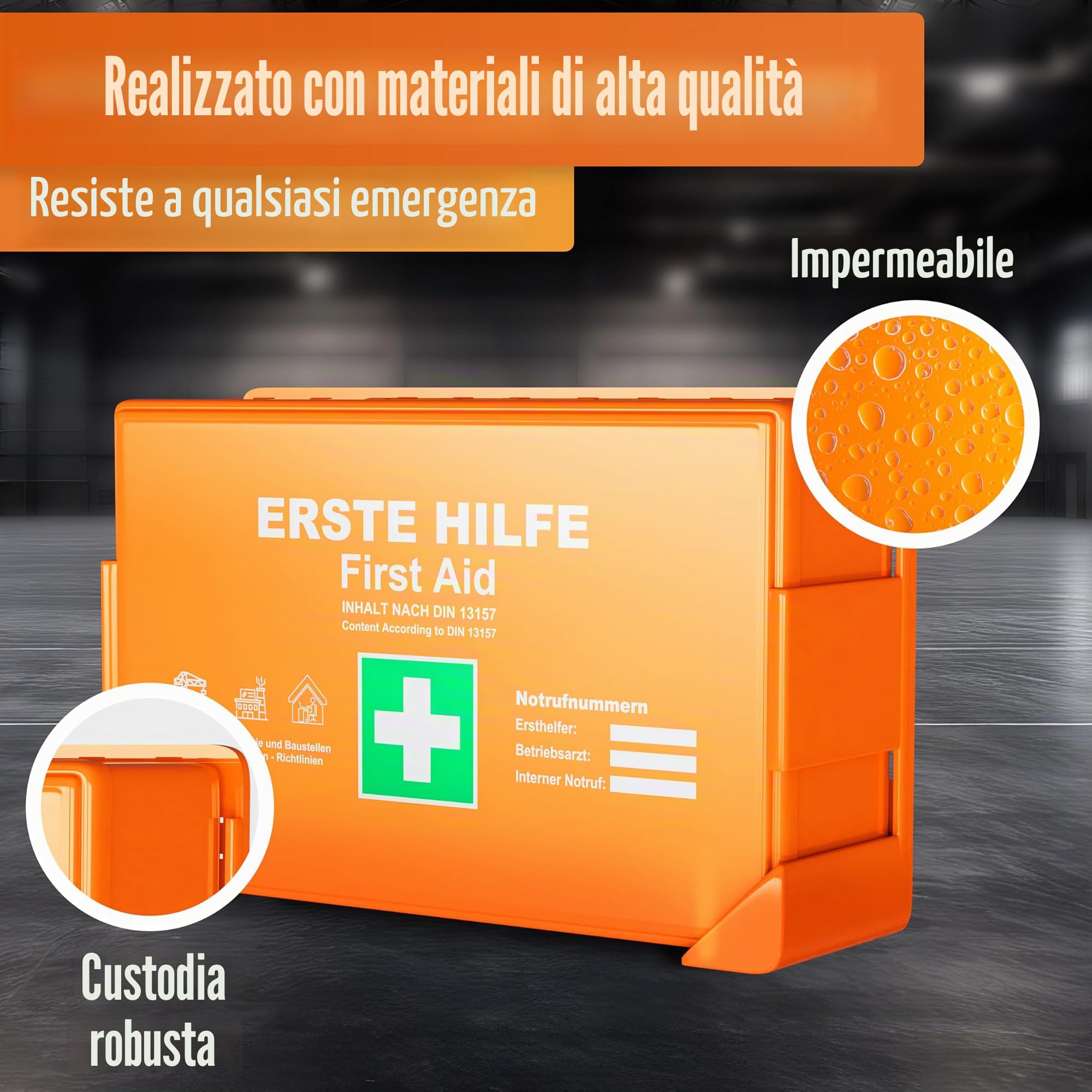 HELDENWERK Cassetta di pronto soccorso secondo la norma DIN 13157:2021 con supporto da parete e adesivi; valigetta universale di primo soccorso per funzionamento, casa o gastronomia, cassetta di