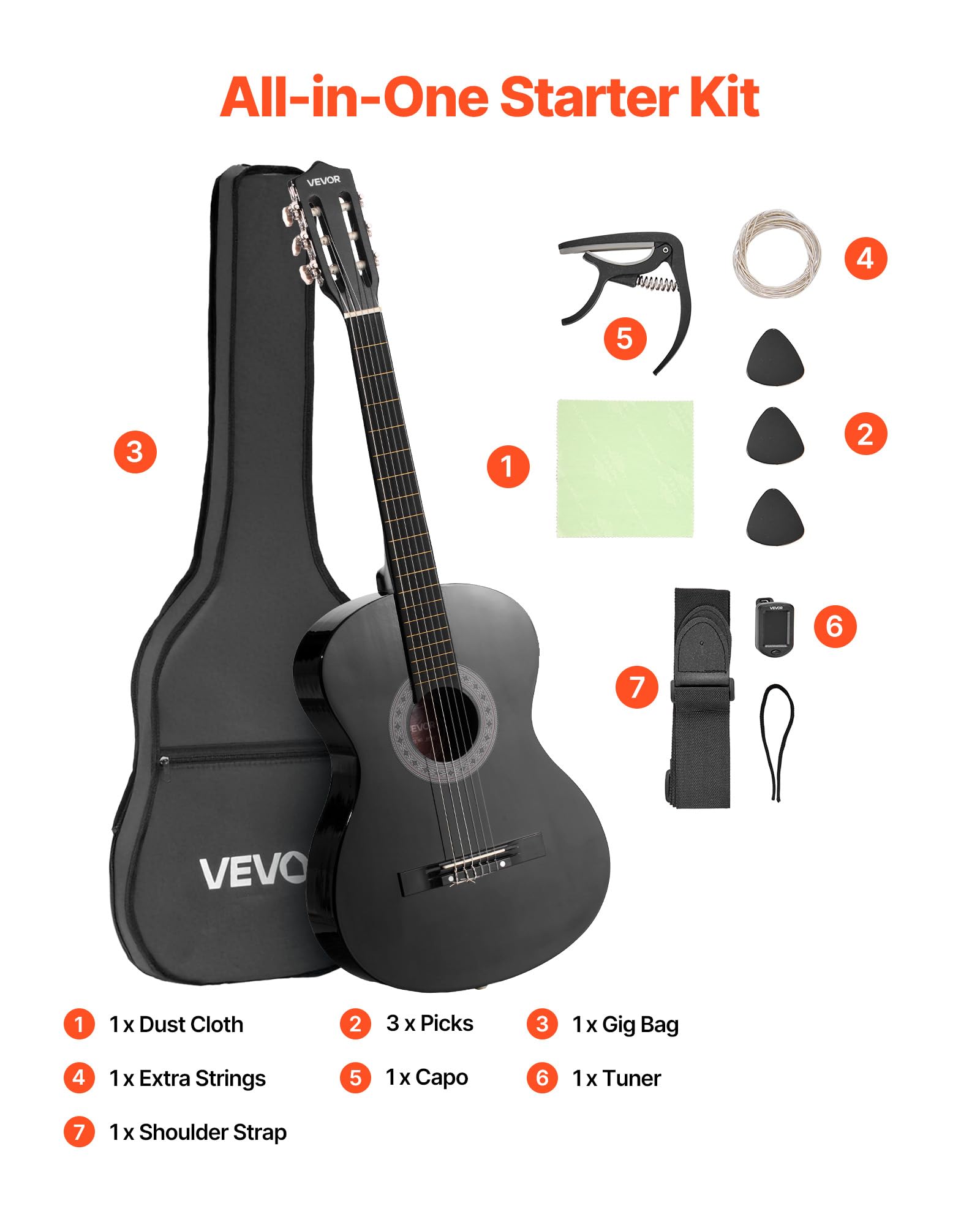VEVOR Chitarra Classica, 960 mm, in Legno per Principianti, con Corde in Nylon, Custodia Morbida, Tracolla, Accordatore, Corde Extra, Plettri, Capotasto, Tiglio, per Adolescenti, Adulti, Nero
