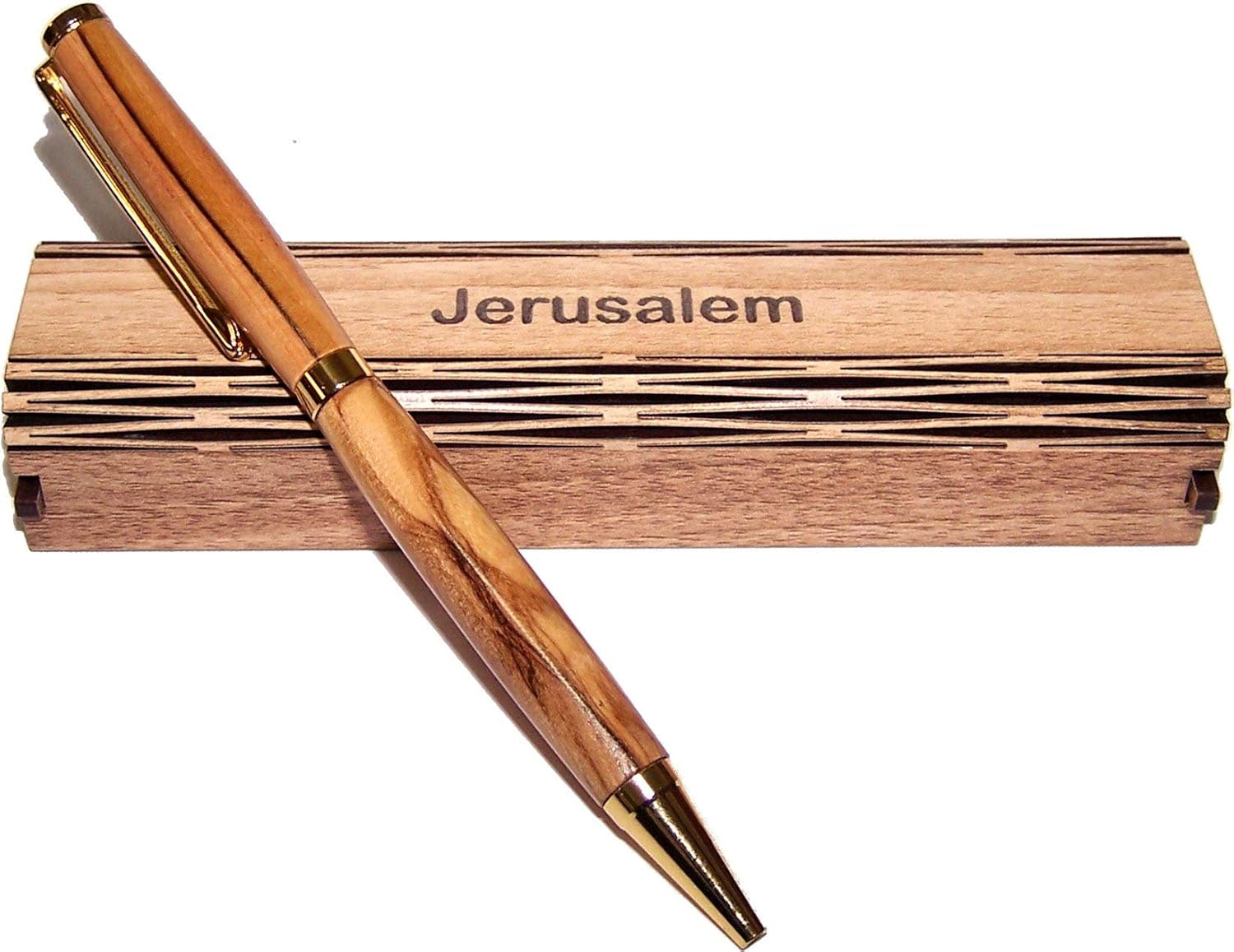 Holy Land Market Handmade ballpoint pen handcrafted from Bethlehem Olive wood with wooden box - elegant and sleek design (Bethlehem Box)