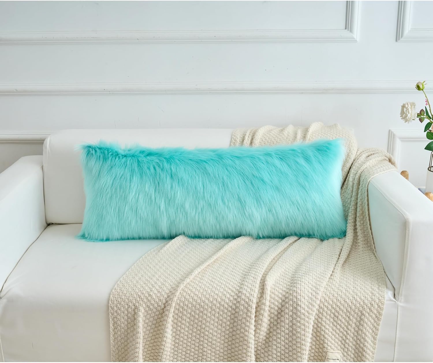 LIGICKY Long Lumbar Pillow Cover 14x36inch Pack of 1 Decorative Teal Soft Faux Fur Throw Pillow Cover Fluffy Rectangle Plush Pillow Case Cushion Cover for Couch Sofa Bed(Cover Only, No Inset)