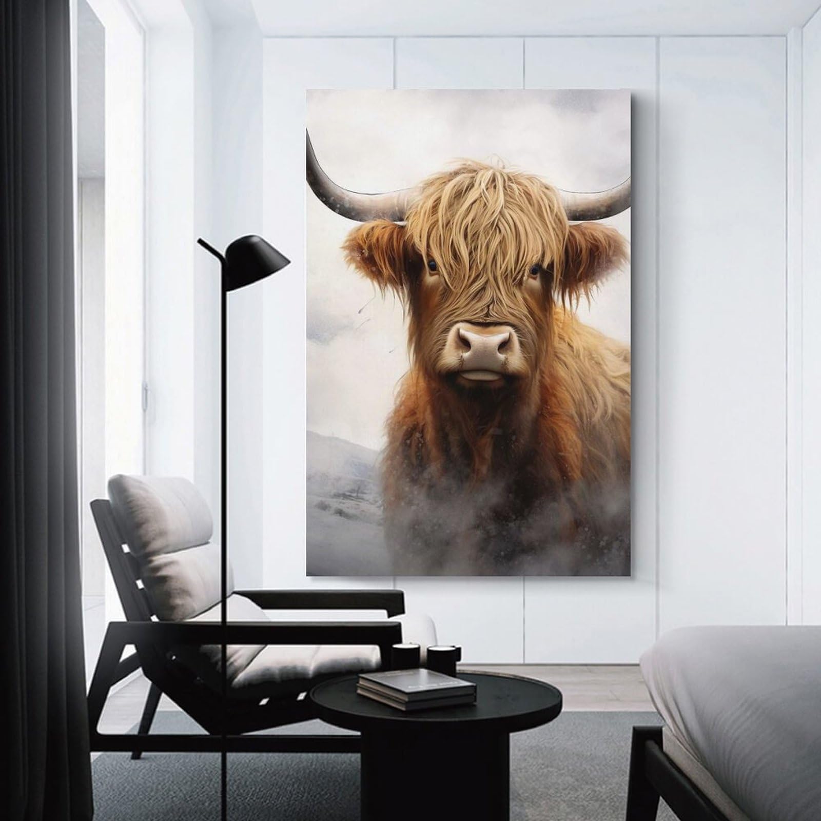 Junmoney Unframe-Style-13 Highland Cow Fluffy Cow Wall Decor Canvas Print, 24X36inch(60X90cm), For Lounge, Bedroom Or Personal Spaces, Thoughtful Wall Decor For Art Lovers