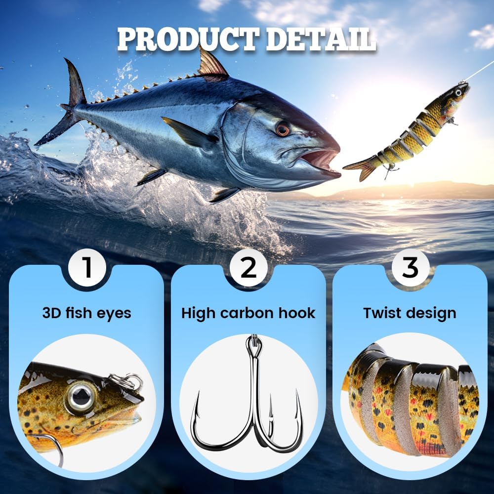 Bionic Fish, Easy Catch Hooks, Magic Noisy Wiggling and Vibrating Actions for More Bites, Lifelike Fishing Lures for Bass Trout Walleye Crappie, Strongest Dyneema Fiber Jointed Swimbaits