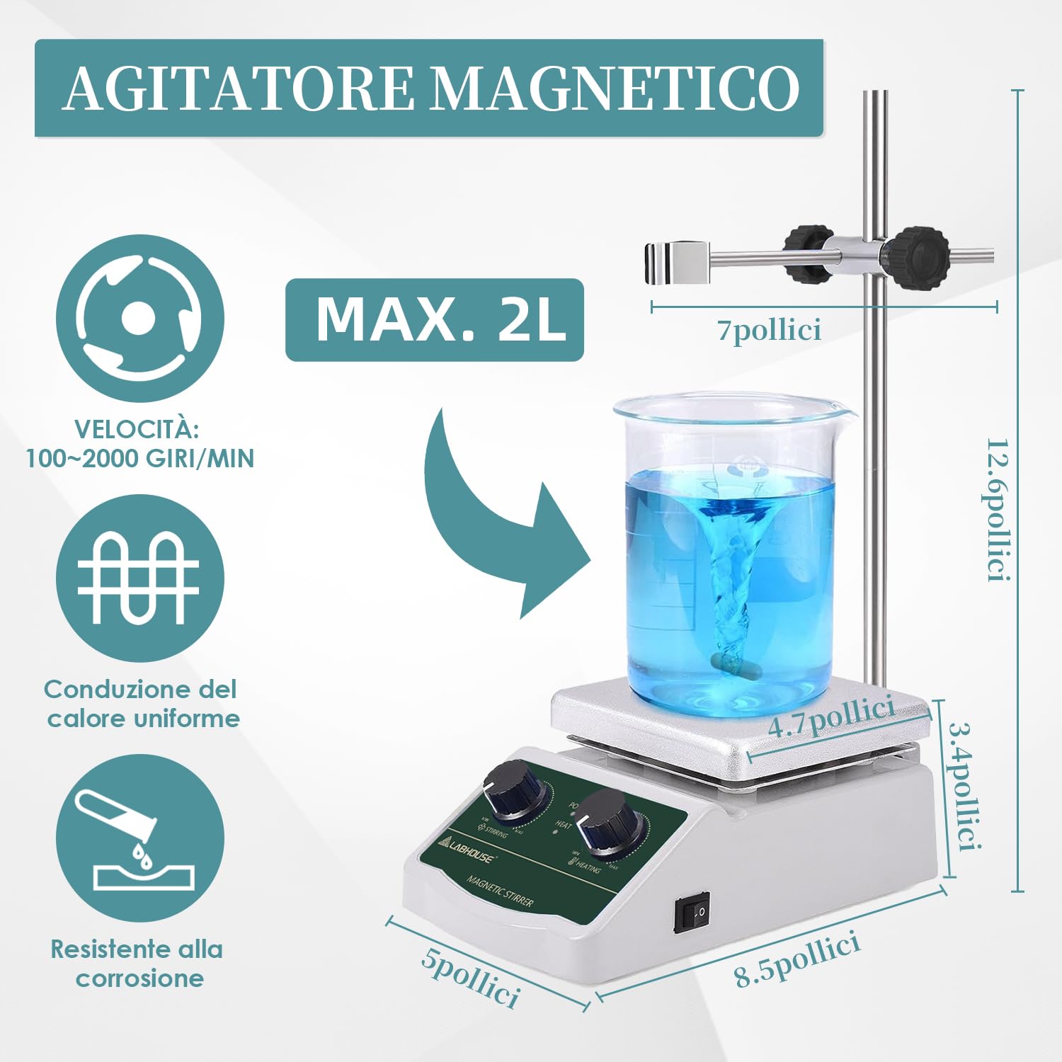 LHS-2 Agitatore Magnetico Piastra Riscaldante, 300°C, 2000RPM, 2L | Piastra fino a 300°C, 4 barre PTFE e recuperatore, supporto, variabile, per riscaldamento e miscelazione