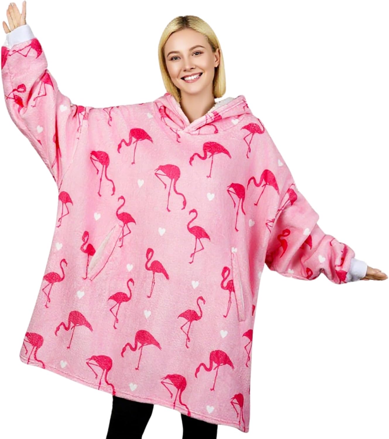 Flamingo Gifts, Flamingo Wearable Flannel Blanket Hoodie, Oversized Flannel Hooded Blanket Sweatshirt, One Size Pink