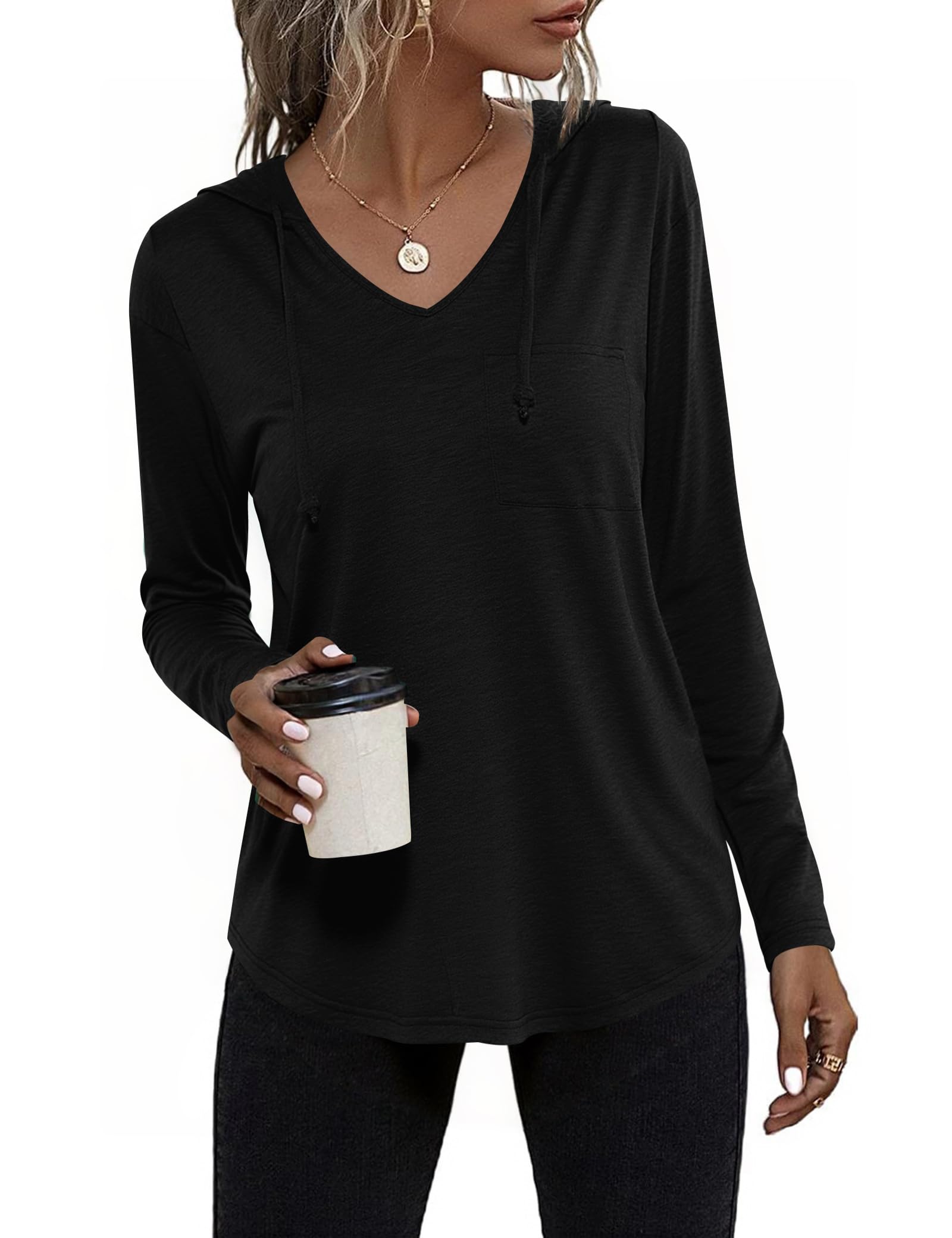 Aottori Hoodie Damen Langarm Pullover V-Ausschnitt Sweatshirt Kapuzenpullover Langarmshirt mit Kapuze für Frühling Herbst