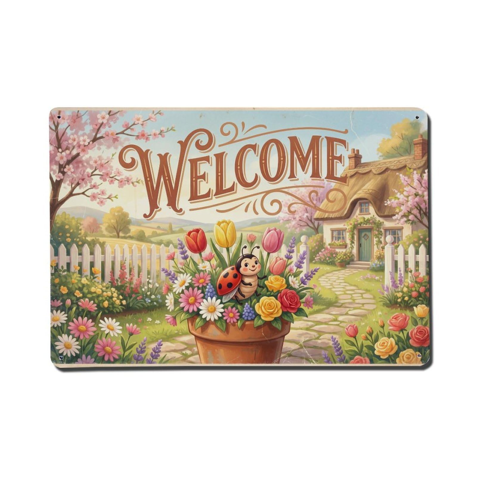 [Vintage Welcome] Ladybug Garden Party Metal Tin Sign