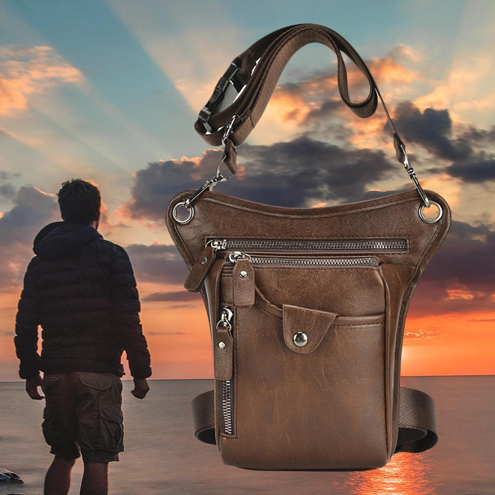 Riñonera Hombre Bolso Pierna Bolsillo Muslo Cintura Bolsa de Hombro Piel PU Compartimentos Ajustable Cremallera Adecuado para Viaje Deportes Motocicle