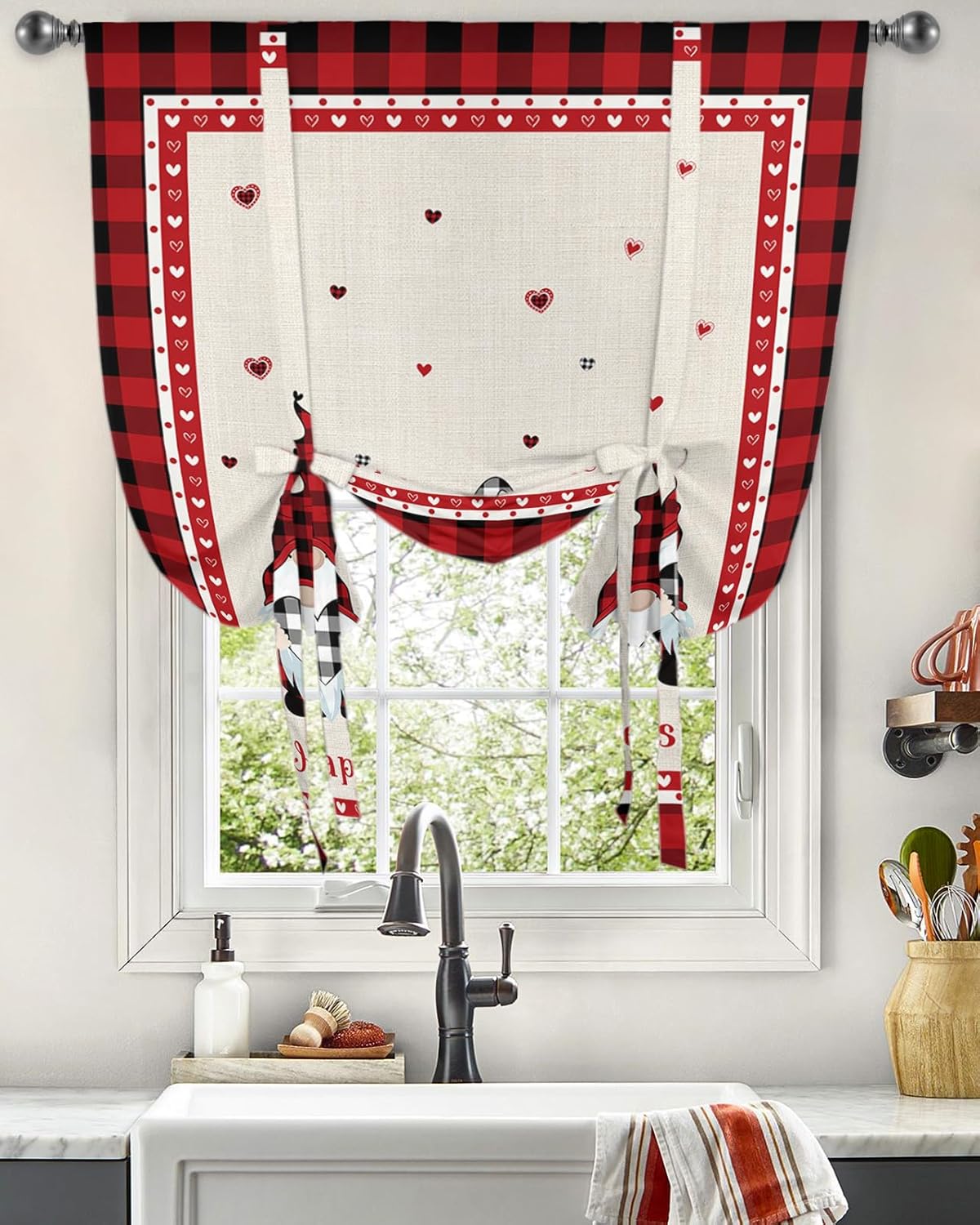 Valentines Dwarfs Red Fallen Love Tie Up Window Shade Curtain Retro Linen Hearts Buffalo Check Kitchen Adjustable Balloon Curtains Shades Drape 52x63In for Living Room/Bedroom/Cafe Windows
