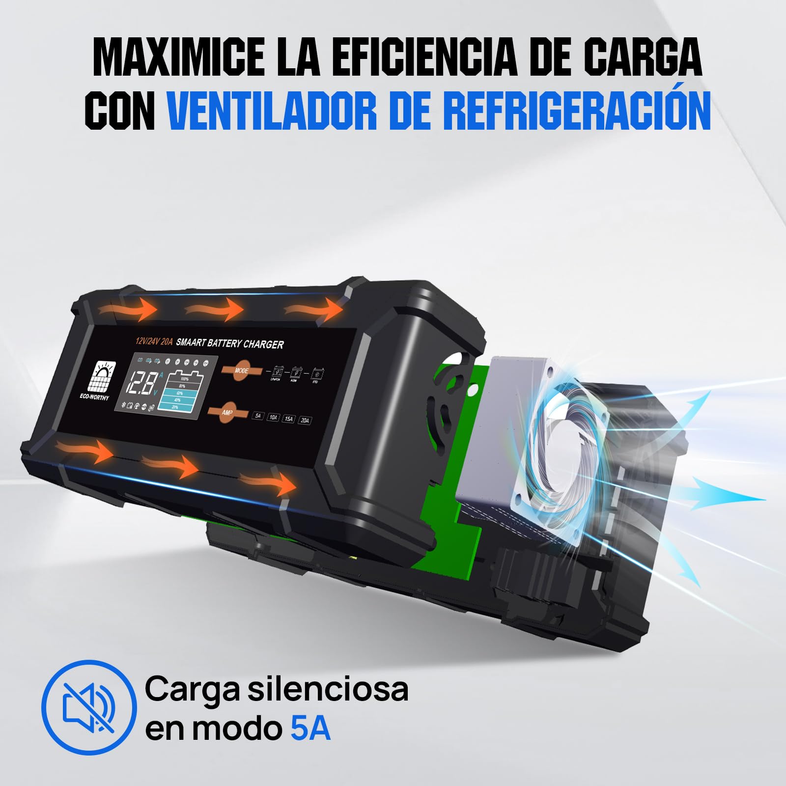 ECO-WORTHY 12 V/24 V 20 A Cargador de batería LiFePO4 con opciones multicanal 5 A/10 A/15 A/20 A, detección automática de voltaje de la batería Ploácido LiFePO4