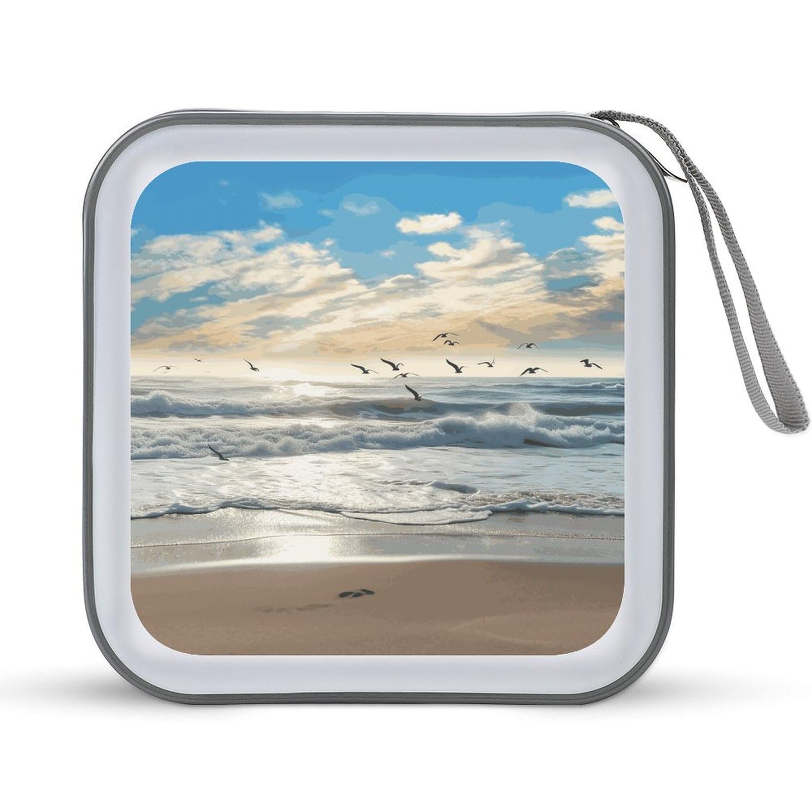 VstaDank Waves on The Beach with Sea Birds CD Case with Hand Strap Lightweight DVD Wallet Holder 40 Capacity CD/DVD Case Wallet Protective CD Wallet CD/DVD Portable Storage Binder for Car Home Office