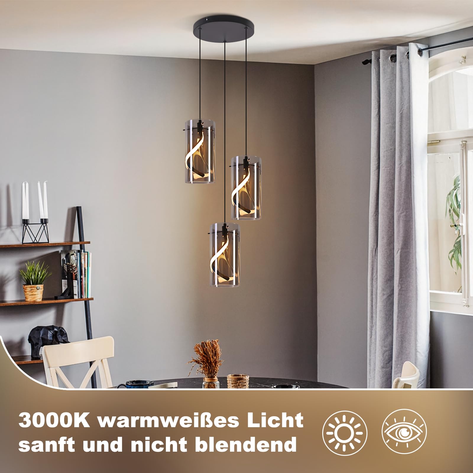 LED Hängelampe Esstisch 3-flammig, 33W Hängelampe aus Rauchglas | Höhenverstellbare Pendellampe Vintage Industrial, Warmweiß 3000K, Moderne Esstischlampe für Esszimmer, Küche und Wohnzimmer