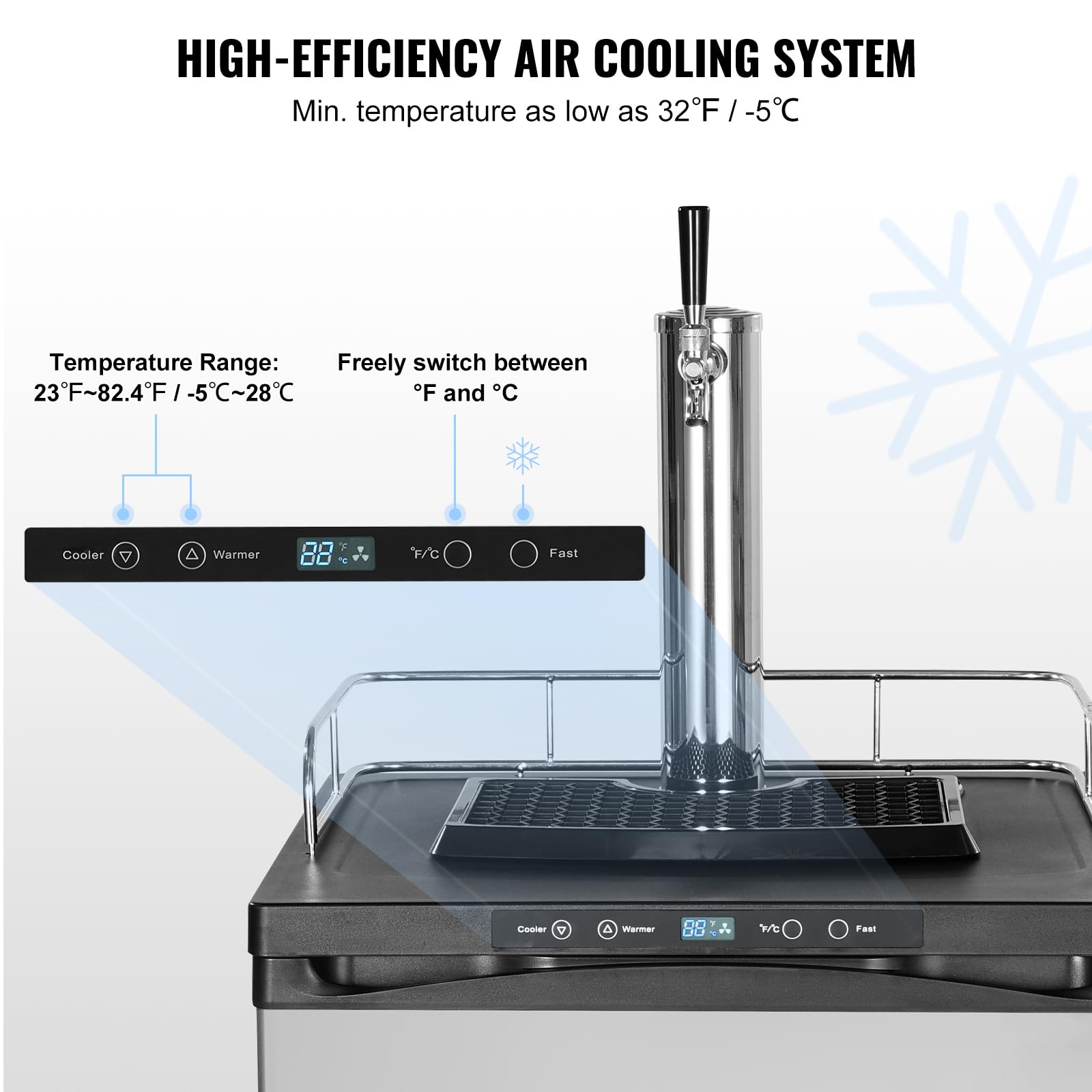 Happybuy Beer Kegerator, 162l Single Tap Draft Beer Dispenser, Co2 Tank, Temperature Control 23°F-82.4°F, Drip Tray & Shelf, Silver on Fridge.com - View 3