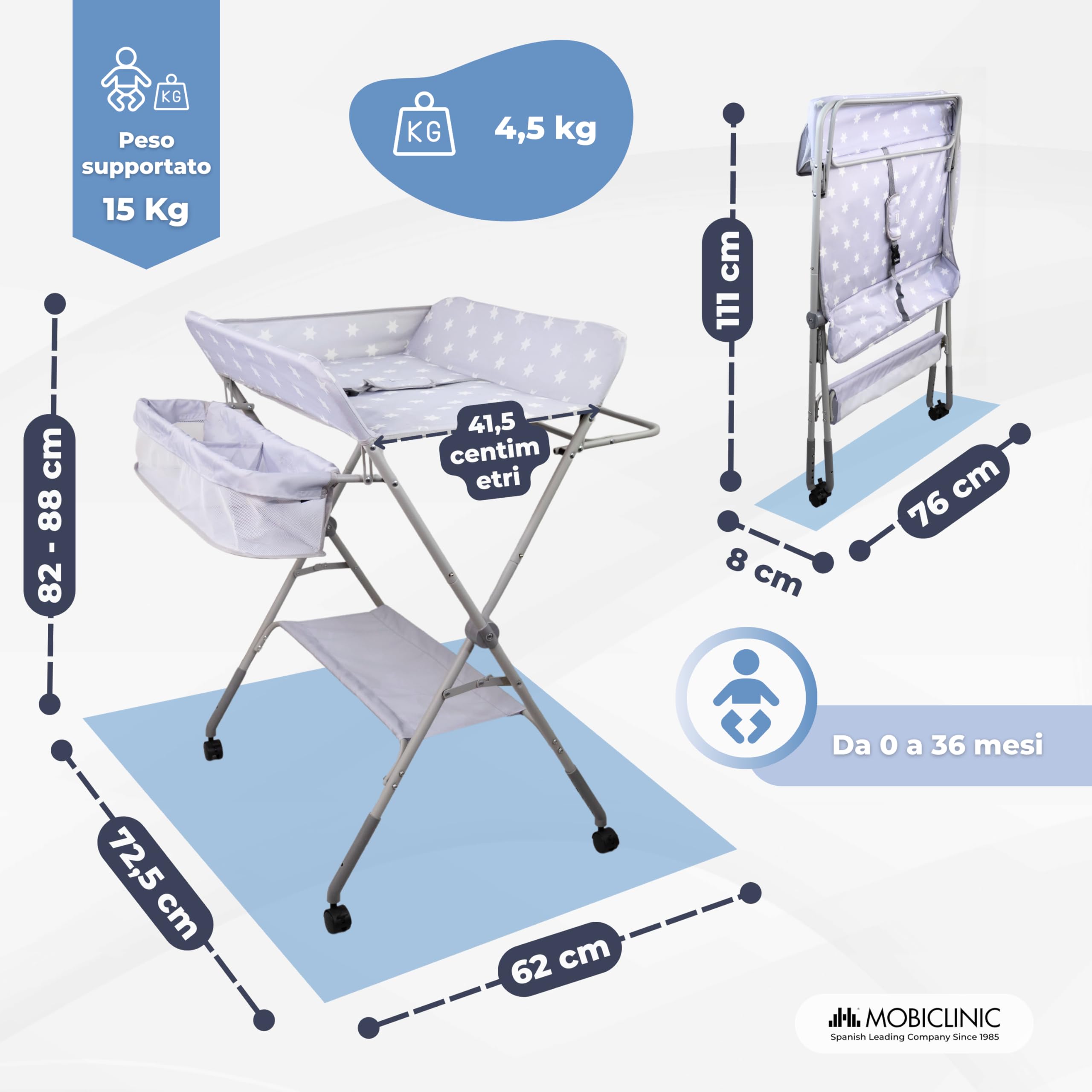 Mobiclinic Fasciatoio pieghevole per Neonati, Altezza Regolabile, Fino a 15 kg, 0-36 Mesi, Ruote a 360° Freno, Lavabile