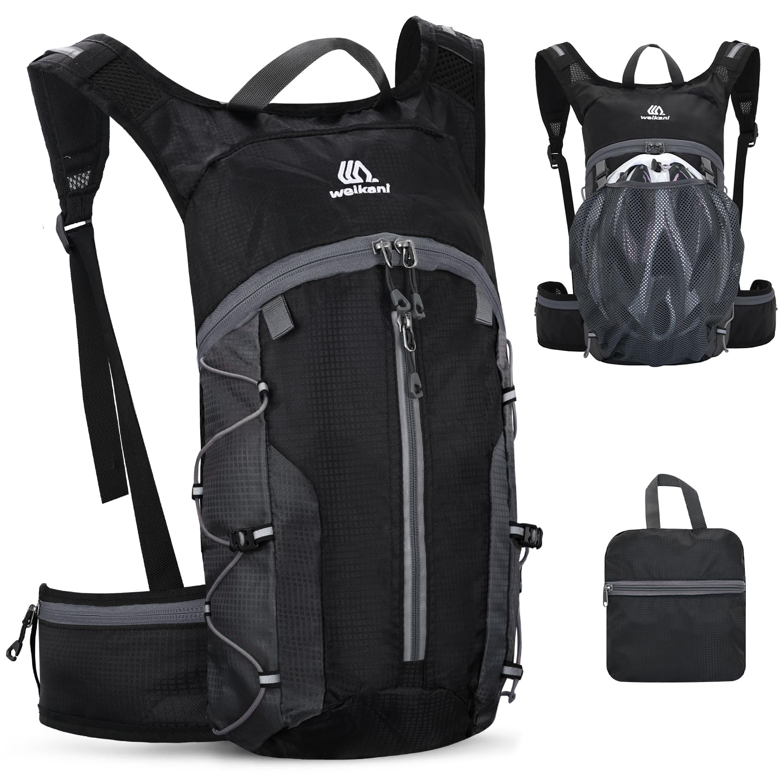 Faltbarer Fahrradrucksack Kleiner mit Helmnetz, MTB Rucksack Herren & Damen, Ultraleicht Wanderrucksack für Laufen Radfahren Skifahren, Schwarz