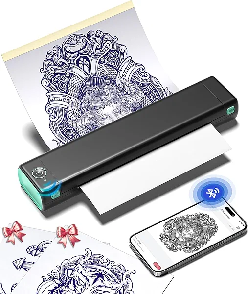 Phomemo M08F Wireless Thermal Tattoo Stencil Printer with 10pcs Transfer Paper, Compatible with Phone/Tablet/PC, Supplies for Tattoo Artists & Beginners, Black & Green