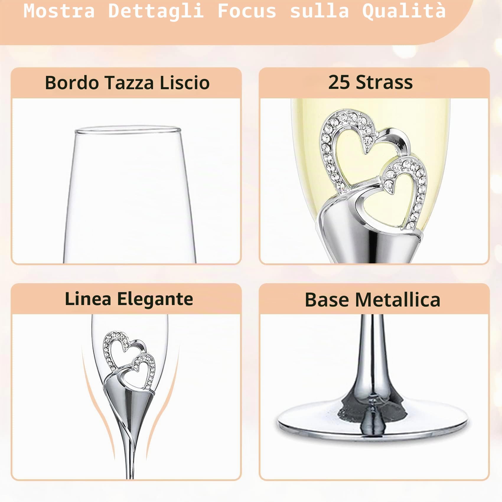 Nuptio Nozze Regalo Argento Bicchieri: Set di 2 Bicchieri Champagne Brindisi Flûte Cristallo Matrimonio Anniversario Feste