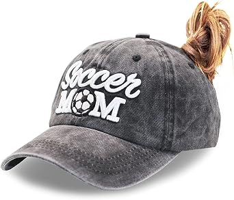 Soccer Mom Ponytail Baseball Cap Messy Bun Vintage Washed Distressed Twill Plain Hat for Women Soccer Mom 3D Black, One Size
