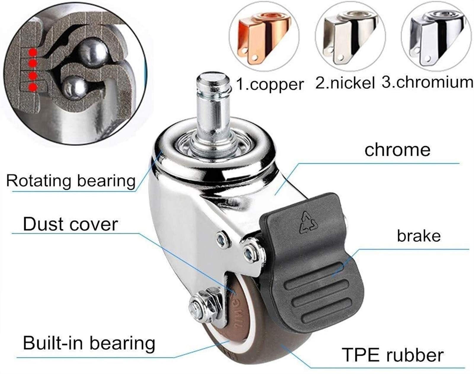TEmkin Ruedas giratorias, 4 Ruedas para Muebles, Ruedas giratorias, Ruedas de Goma TPE para sillas de Oficina, Ruedas con Ruedas, vástago estándar de 11 x 22 mm (Universal 50 mm/2 Pulgadas)