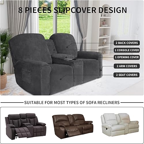 Miniatura 10 de Easy-Going Sofá biplaza reclinable de terciopelo con funda de consola central, fundas elásticas para sofá reclinable de 8 piezas, funda de sofá
