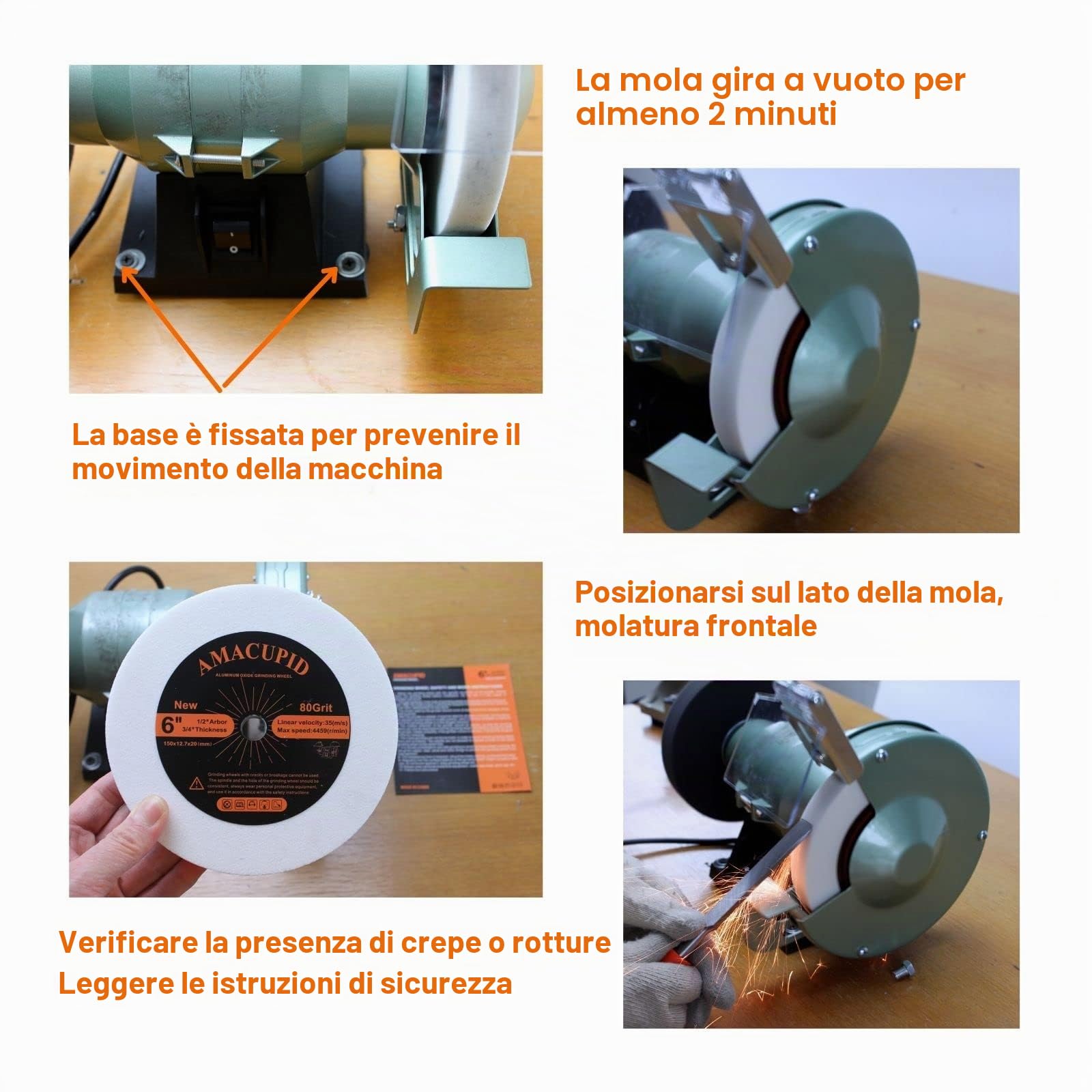 Mole per smerigliatrici da banco e da pedana. Abrasivo in ossido di alluminio bianco. per la rettifica di acciaio temprato, acciaio ad alto tenore di carbonio. Diametro 150 mm, albero 12,7 mm