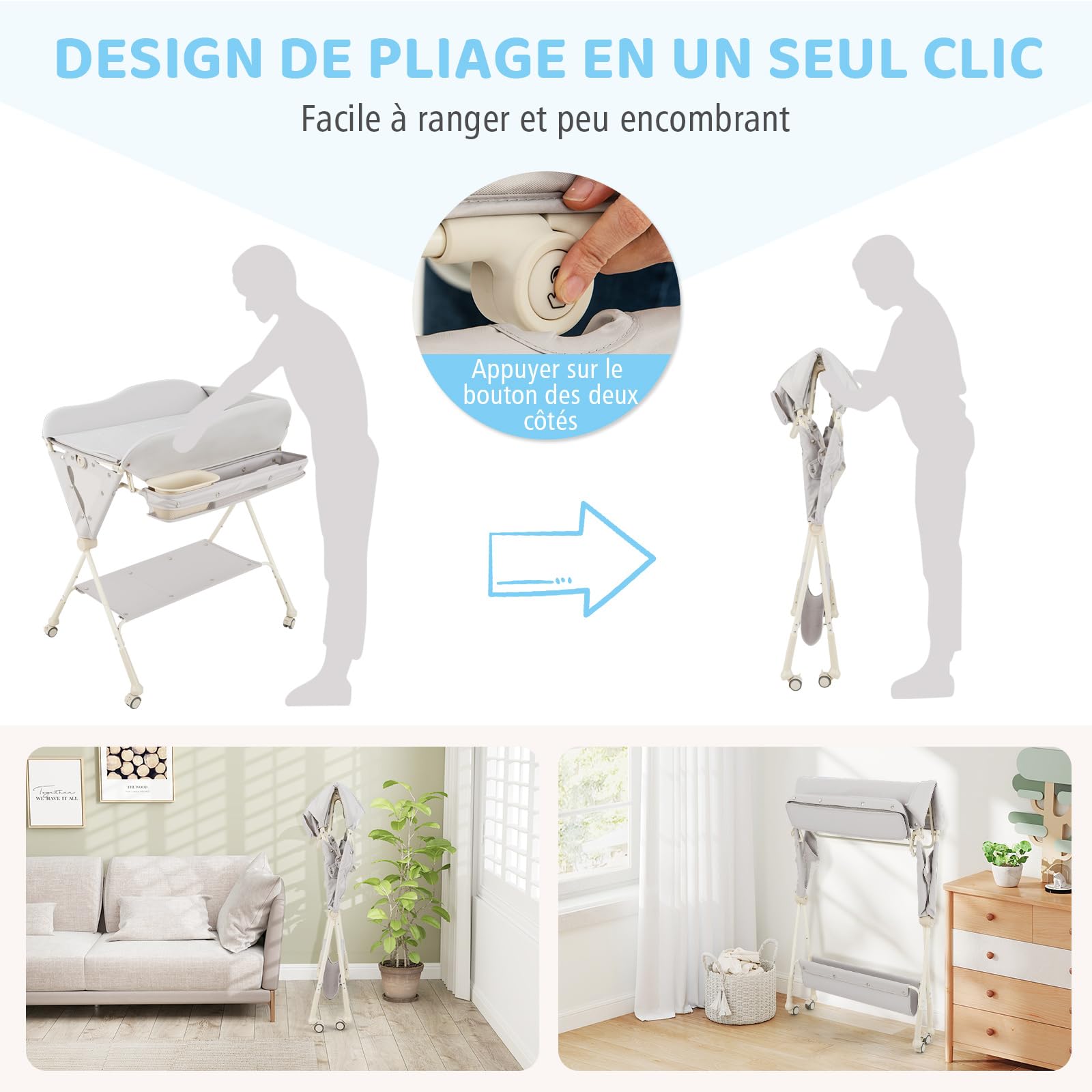 COSTWAY Table à Langer Pliable et Portable, Table a Langer Bébé Charge 11KG avec Bassin d'Eau Panier de Rangement et Ceinture de Sécurité Hauteur 80-85CM Roues Verrouillables (Gris)