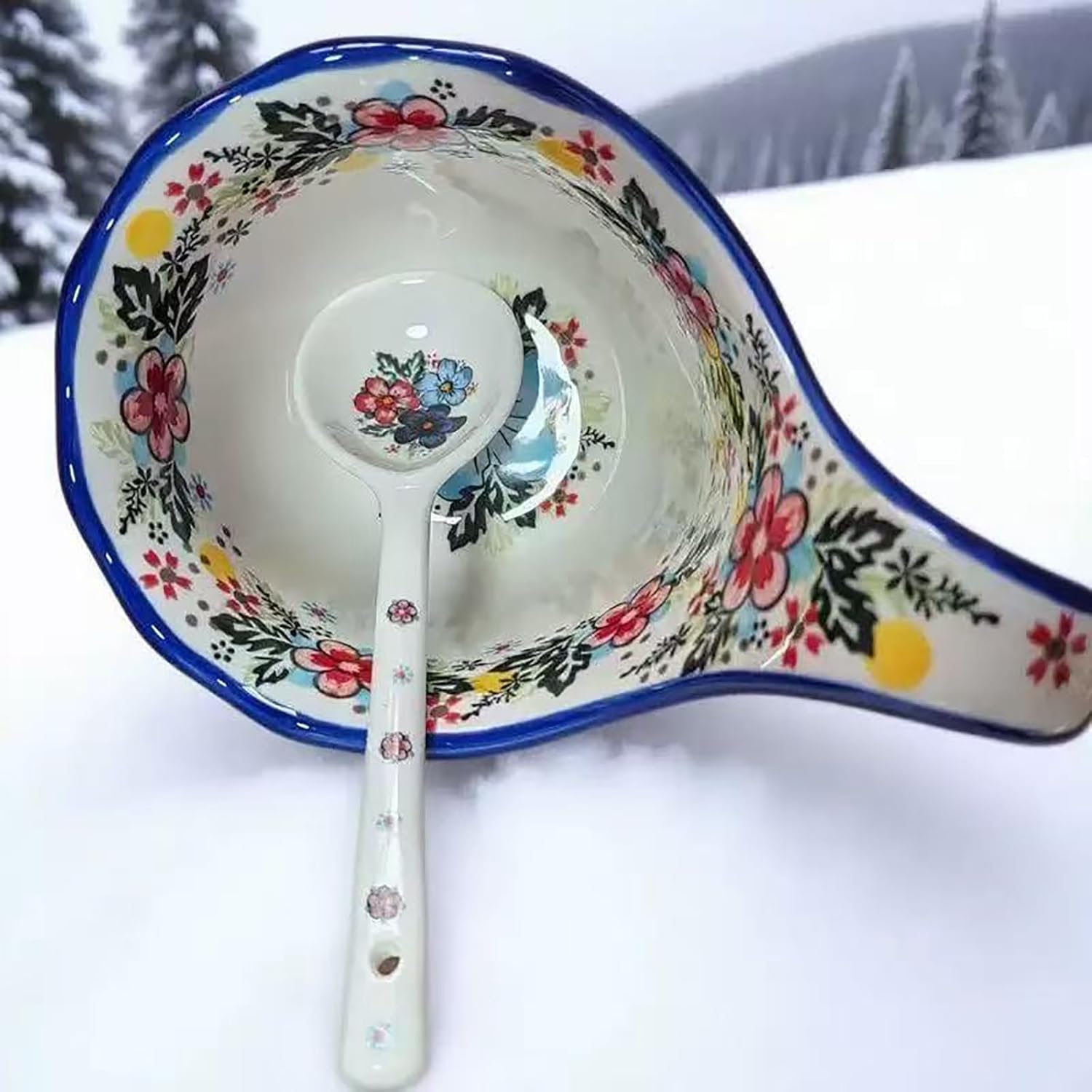 OZY Handpainted Soup Bowl with Handle,Ceramic Cereal Bowl Great for Soup, Ice cream, Fruits,Snack,Microwave &Dishwasher Safe (Blue)