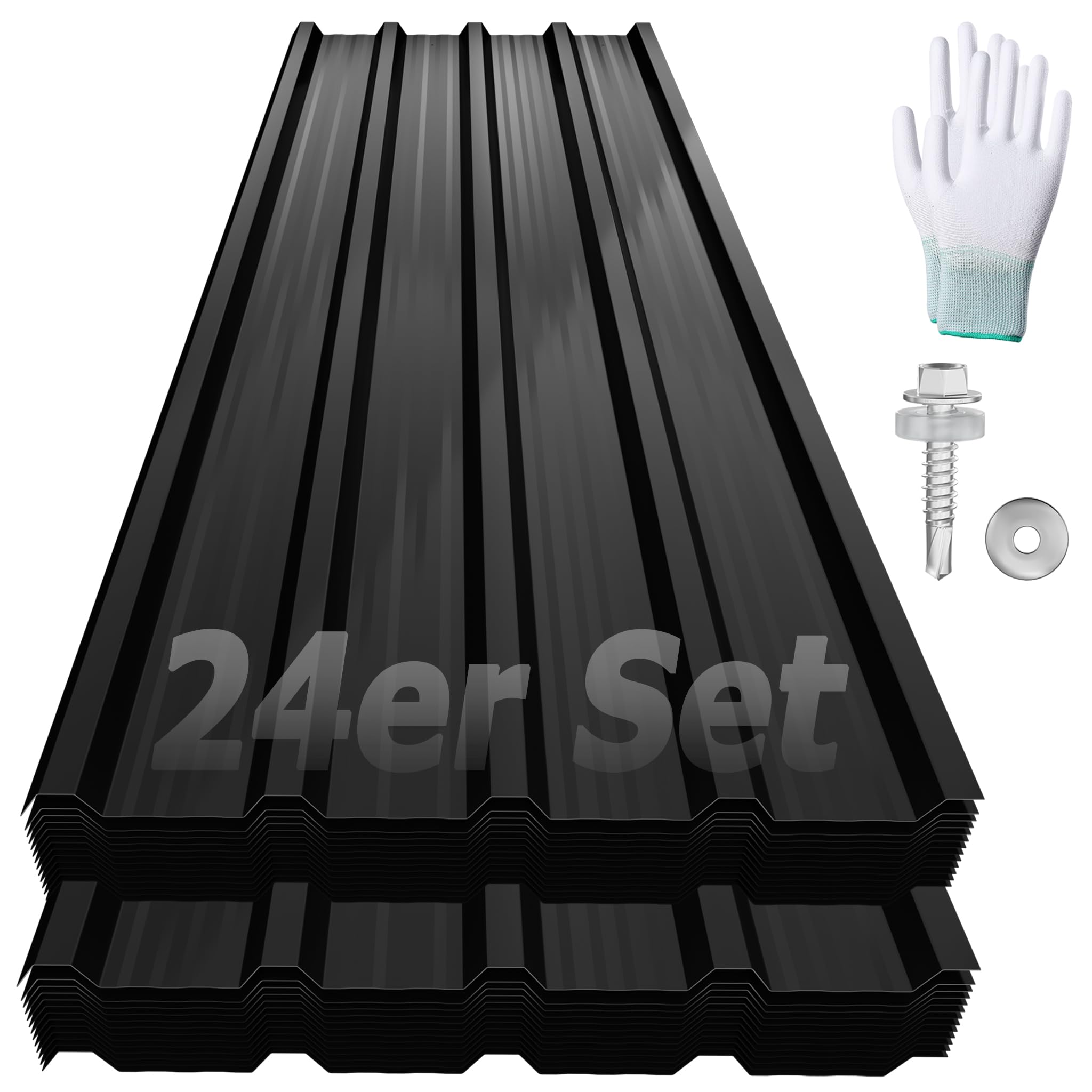 YRHome 24er Dachbleche Trapezblech 129,5x45cm Stahlblech Formblech Platten Dachplatten Wetterfest Wellblechplatten Verzinkter Stahl für Garagen Dach inkl. Schrauben und Handschuhe - Typ A Schwarz