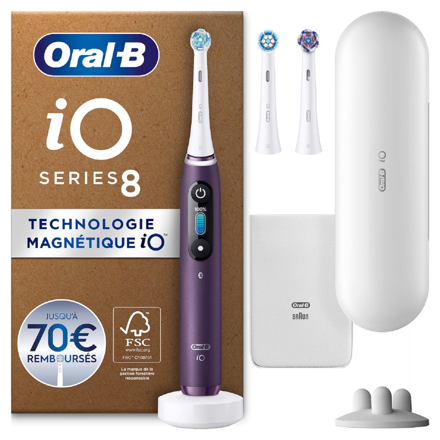 Oral-B iO 8 Brosse À Dents Électrique Blanche, Un Capteur Signalant Le Pression Pour Protéger Les Gencives, Des Accessoires, 2 Brossettes De Rechange, 1 Chargeur, 1 Étui De Voyage, Emballage En Carton