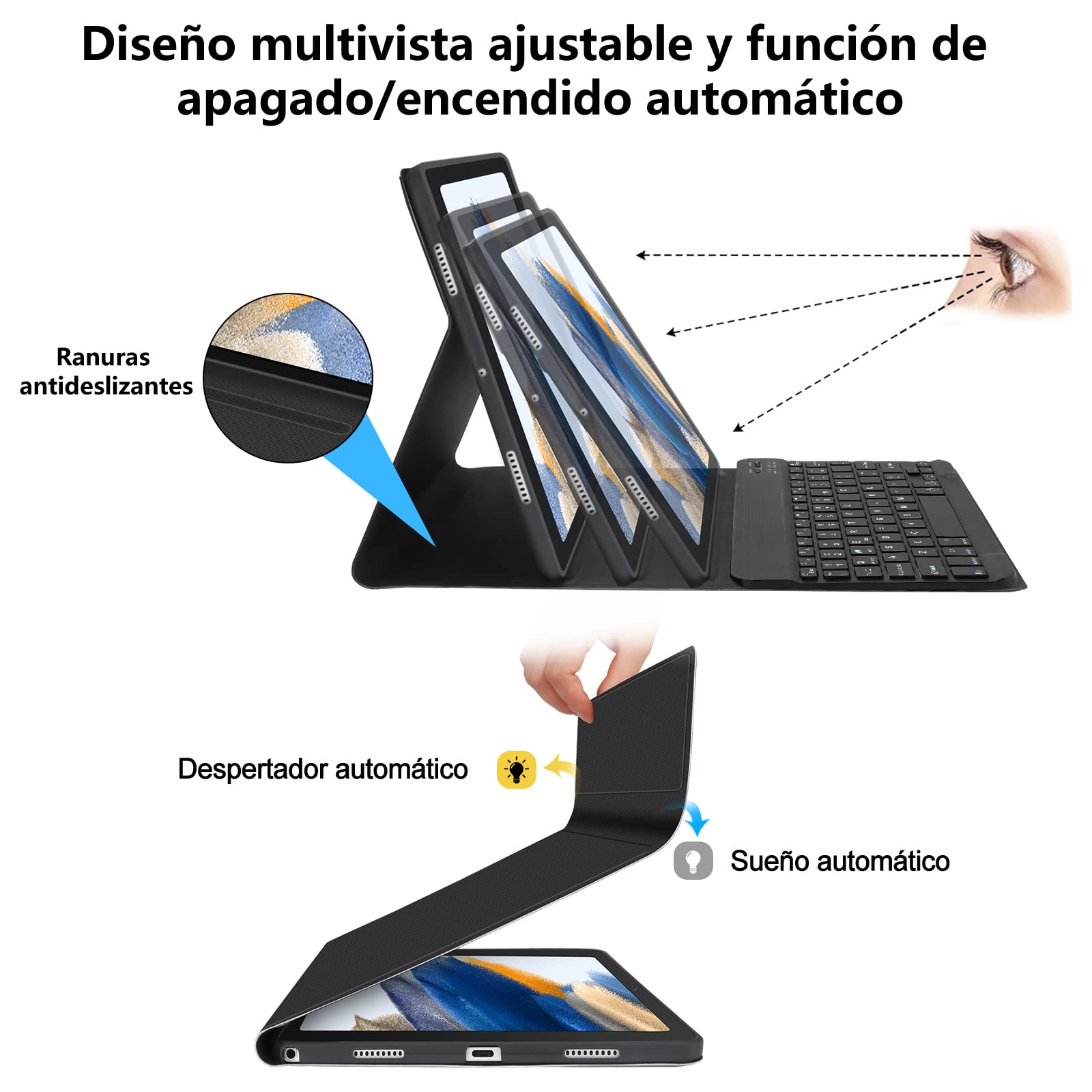 IVEOPPE Funda con Teclado para Samsung Galaxy Tab A8 10.5 2022/2021 (SM-X200/X205/X207), Funda de Cuero Ultra Delgada,Teclado Español Ñ Bluetooth Inalámbrico Magnético Desmontable, Negro