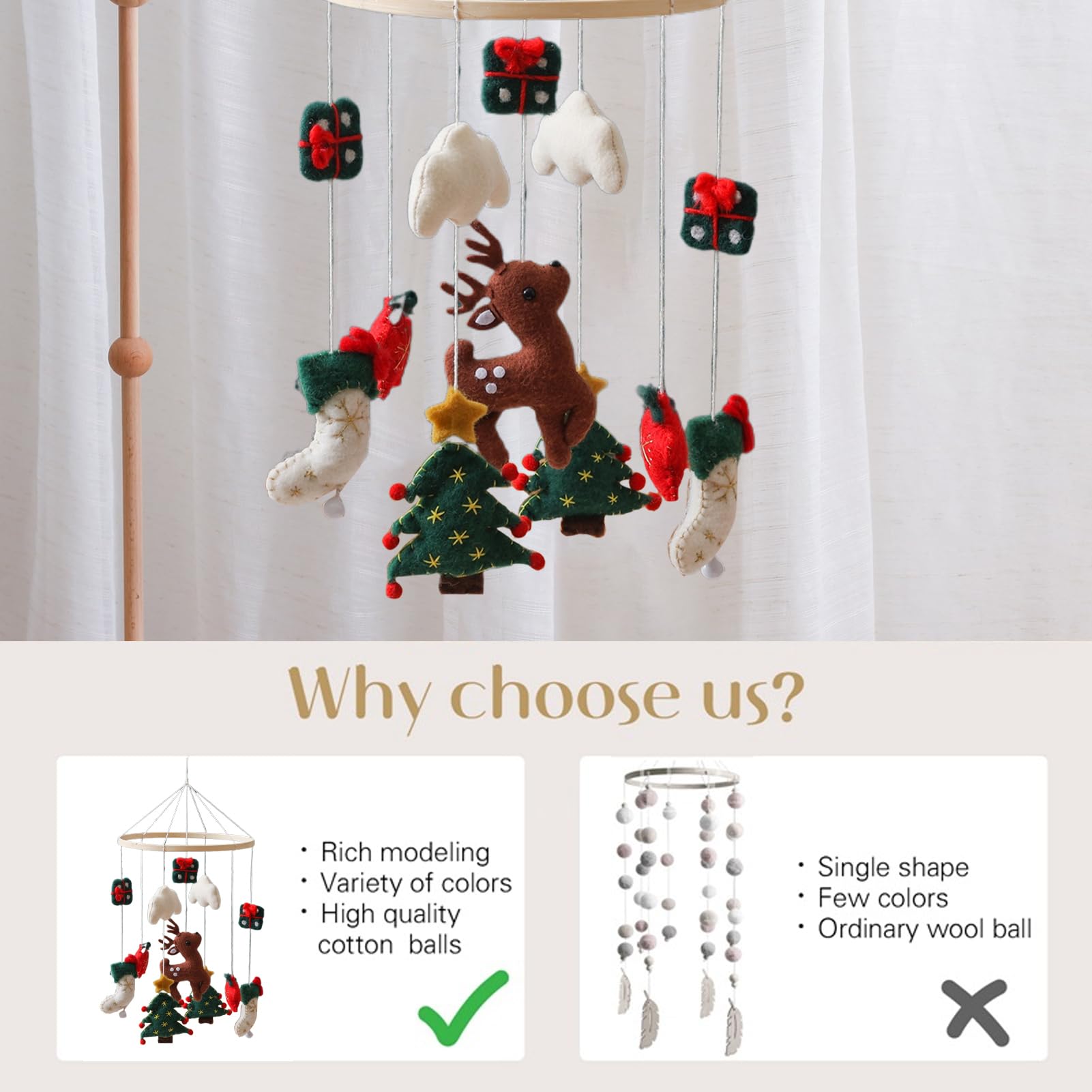 Carillon per Culla Carillon Natalizio per Regalo | Carillon Albero di Natale in Feltro con Renne Decorazione Camera Bambini Completo