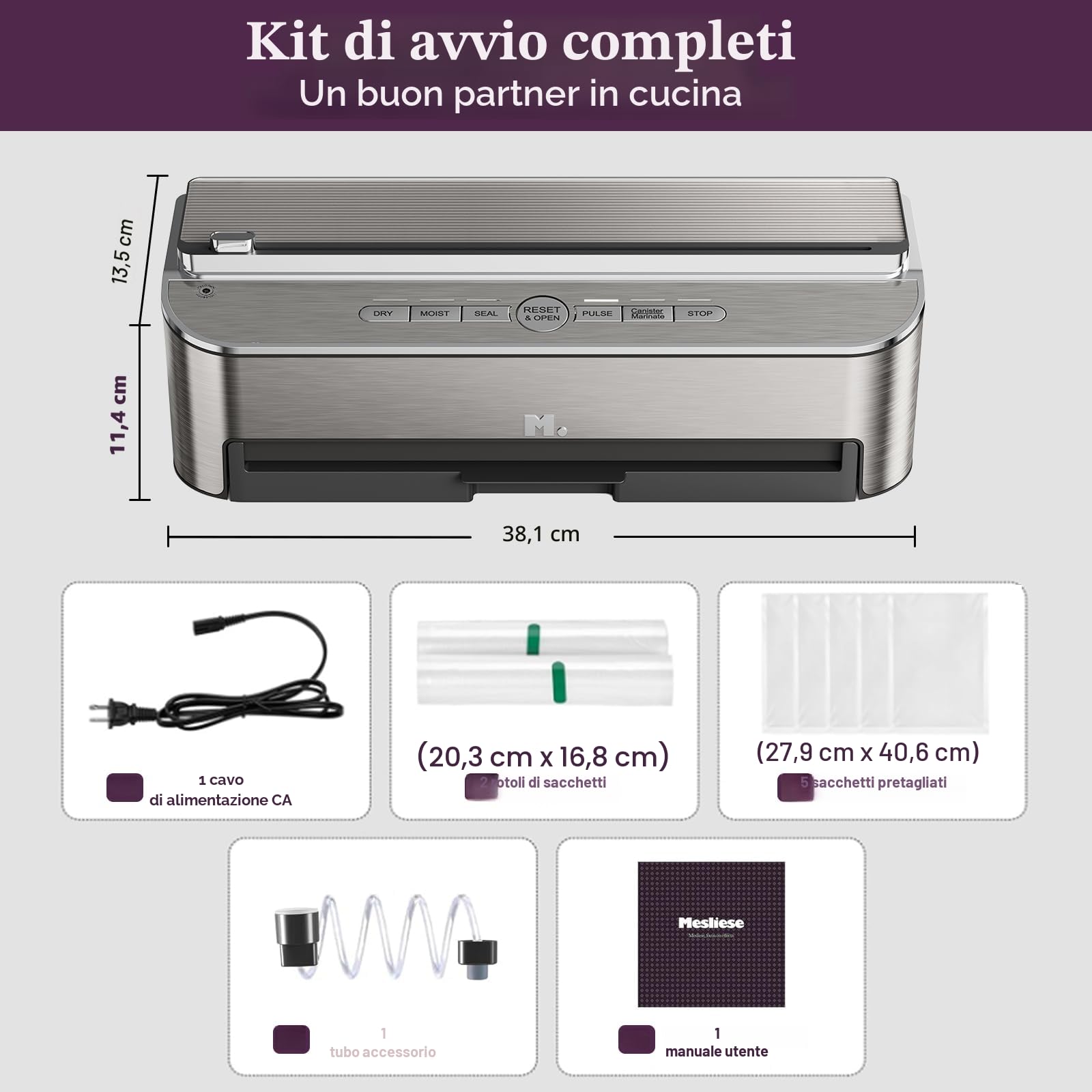 Mesliese 85kPa 120 W, macchina per sigillatura automatica degli alimenti, potente sistema di sigillatura, taglierina integrata, contenitore per sacchetti, 2 rotoli di sacchetto (Acciaio inossidabile)