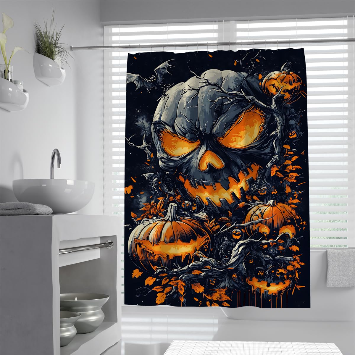 Tende Doccia Zucca Arancione Gotica Foglie Nere 200x200cm