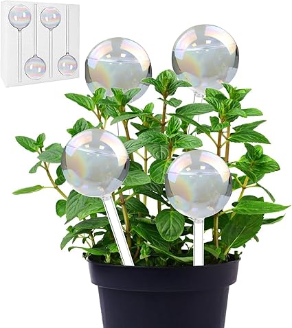ROYUEXT Plant Watering Globes -4 Pack Light Iridescent Rainbow Gradient Color Clear Glass Self-Plant Watering Bulbs Devices for Indoor and Outdoor Plants- Measures 8.66