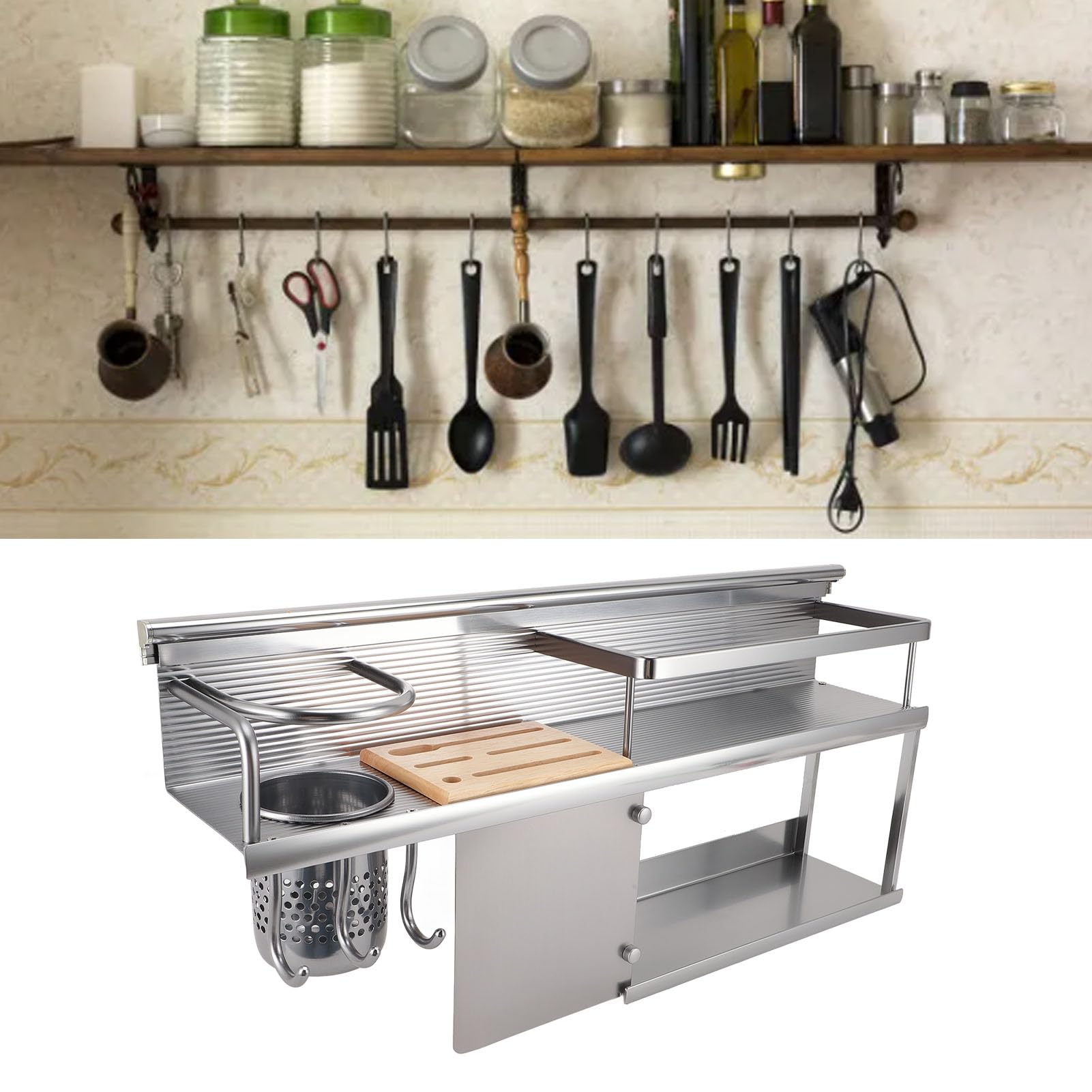 Estante organizador de cocina de 2 niveles de aleación de aluminio montado en la pared para espátula, cuchara, frasco de condimentos