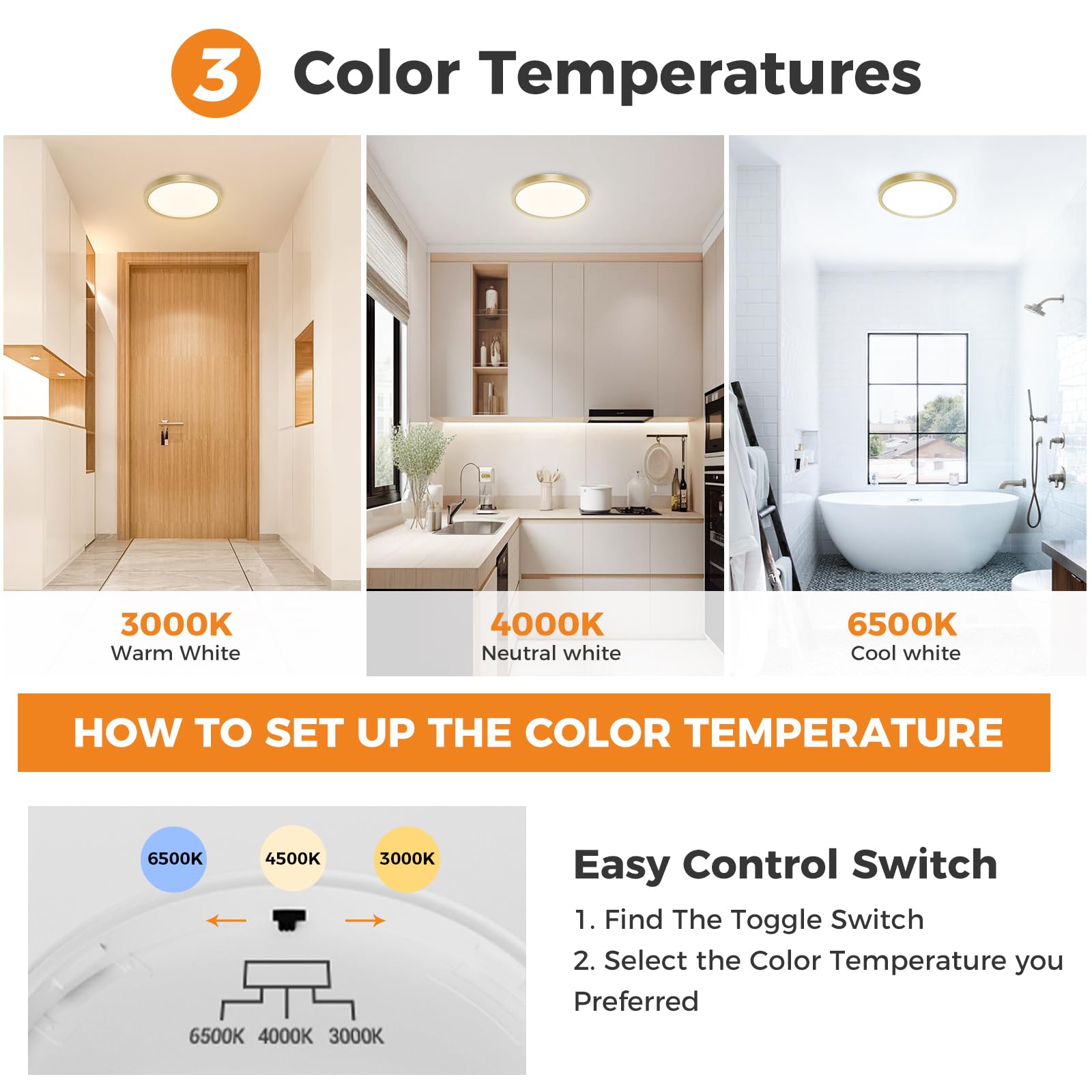 slochi Bathroom Light, 3000K/4000K/6500K 3 Color Temperature, Waterproof IP44, Small, Round, Modern - Image 2