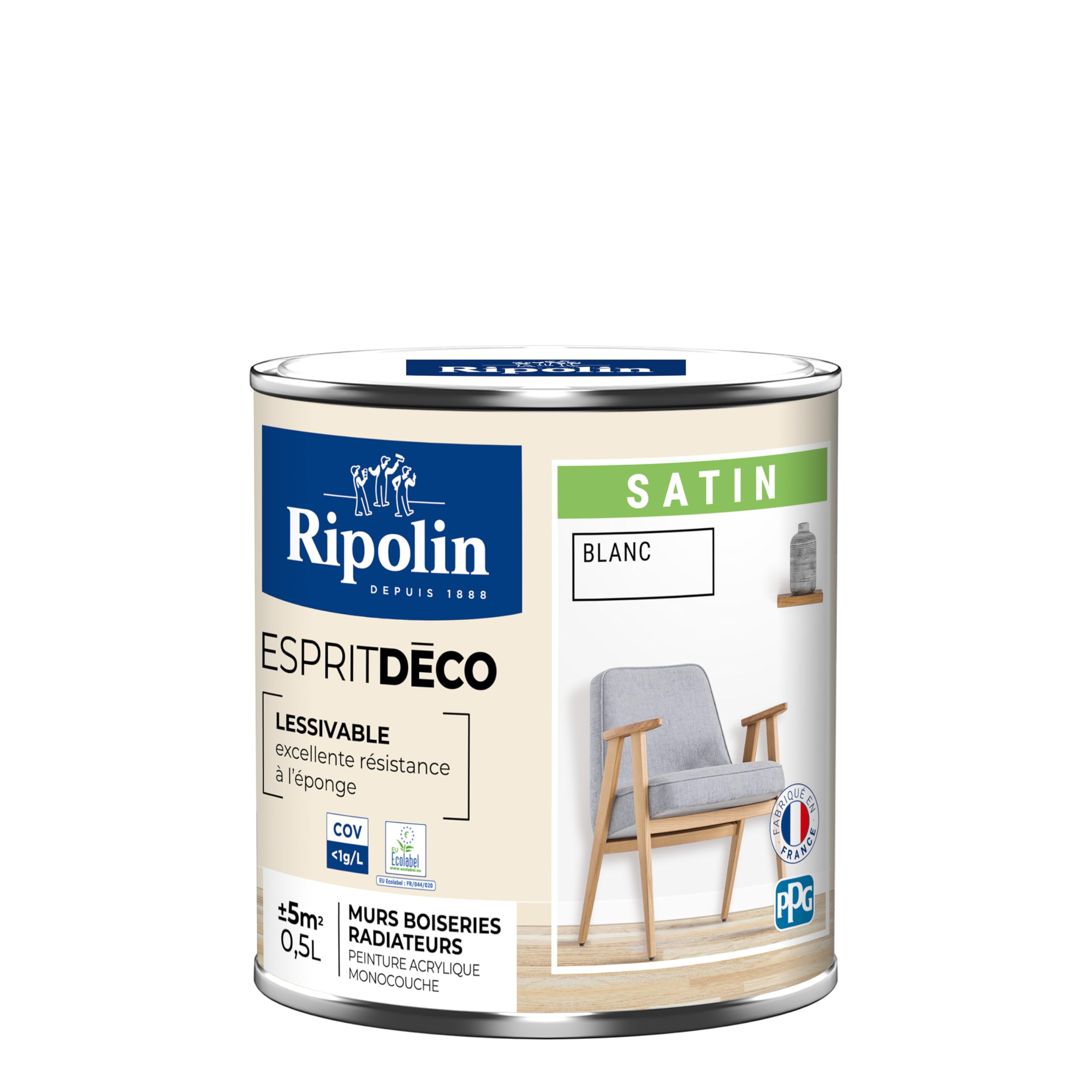 RIPOLIN - Peinture Intérieure Multi-​Supports – Murs, Boiseries & Radiateurs – Ultra-​Couvrante – Lessivable – Application Facile – Ecolabel - Satin - 0,​5L - Blanc