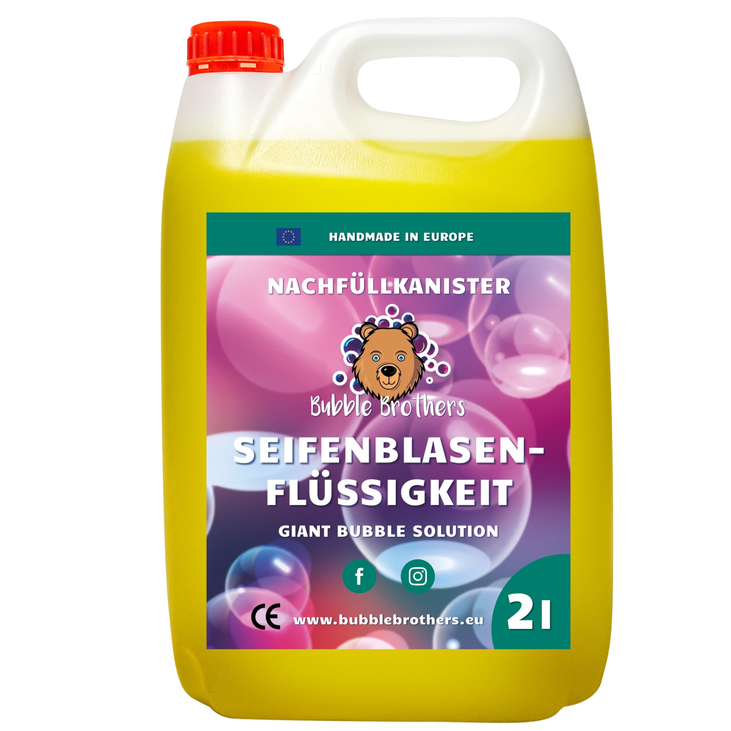 Bubble Brothers Płyn do baniek mydlanych, 2 litry, do olbrzymich baniek mydlanych i normalnych, butelka uzupełniająca, 2 l, nietłukące się XXL, kolorowe bańki mydlane, roztwór do banie