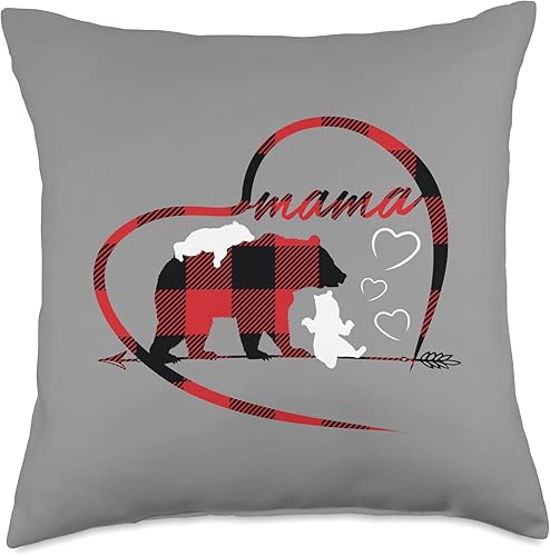 Mama Bear Gifts by Jeremiah James Co Mama Bear - Almohada de 2 cachorros para mamá, mujer, diseño de búfalo rojo, a cuadros, 18 x 18 pulgadas,