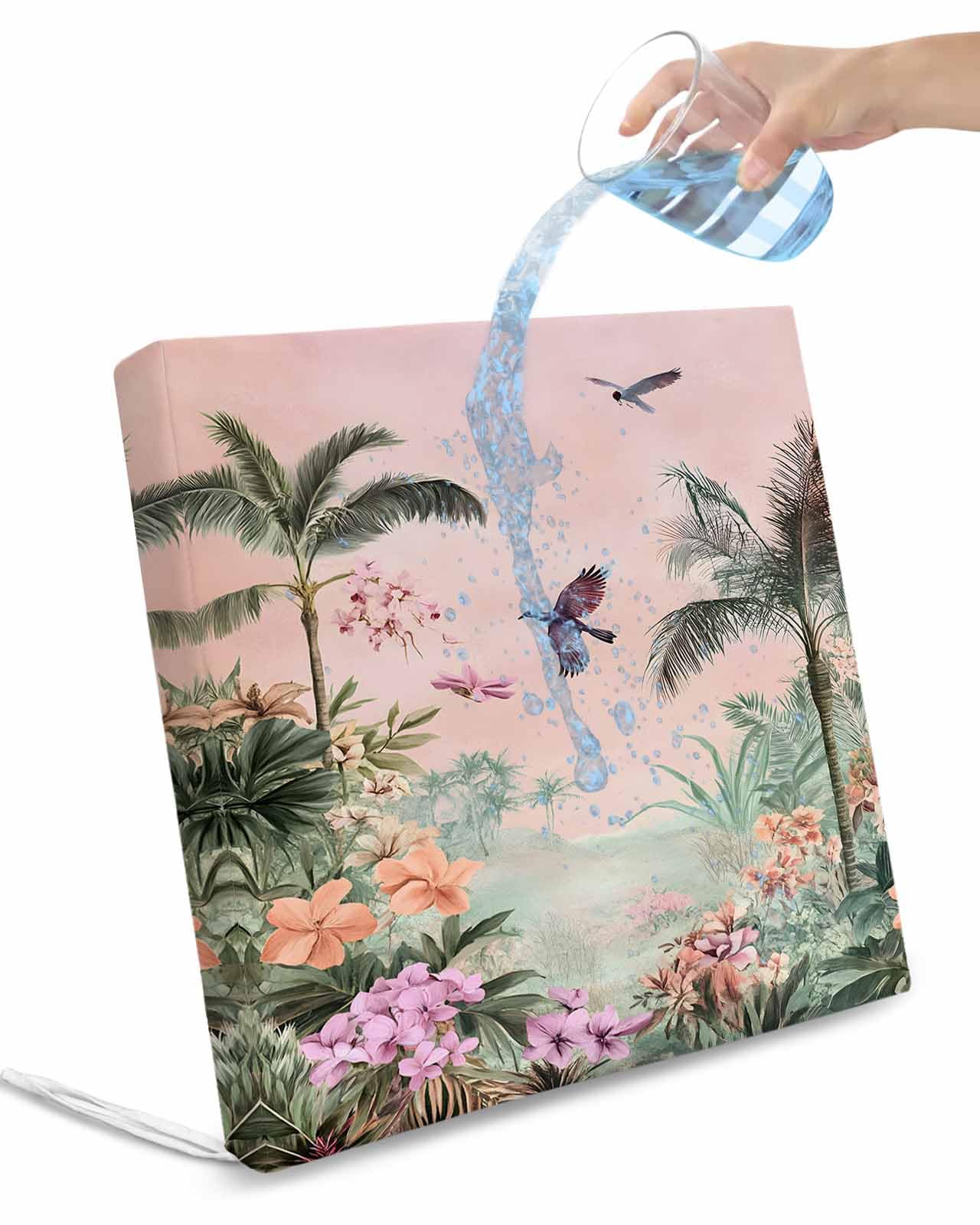 2 Pack Vintage Pastoral Waterproof Cushion Covers with Ties, Outdoor Patio Chaise Lounge Chair Seat Cushion Slip Covers Replacement(Only Cover) Farmhouse Botanical Tree Birds Pink Green 20