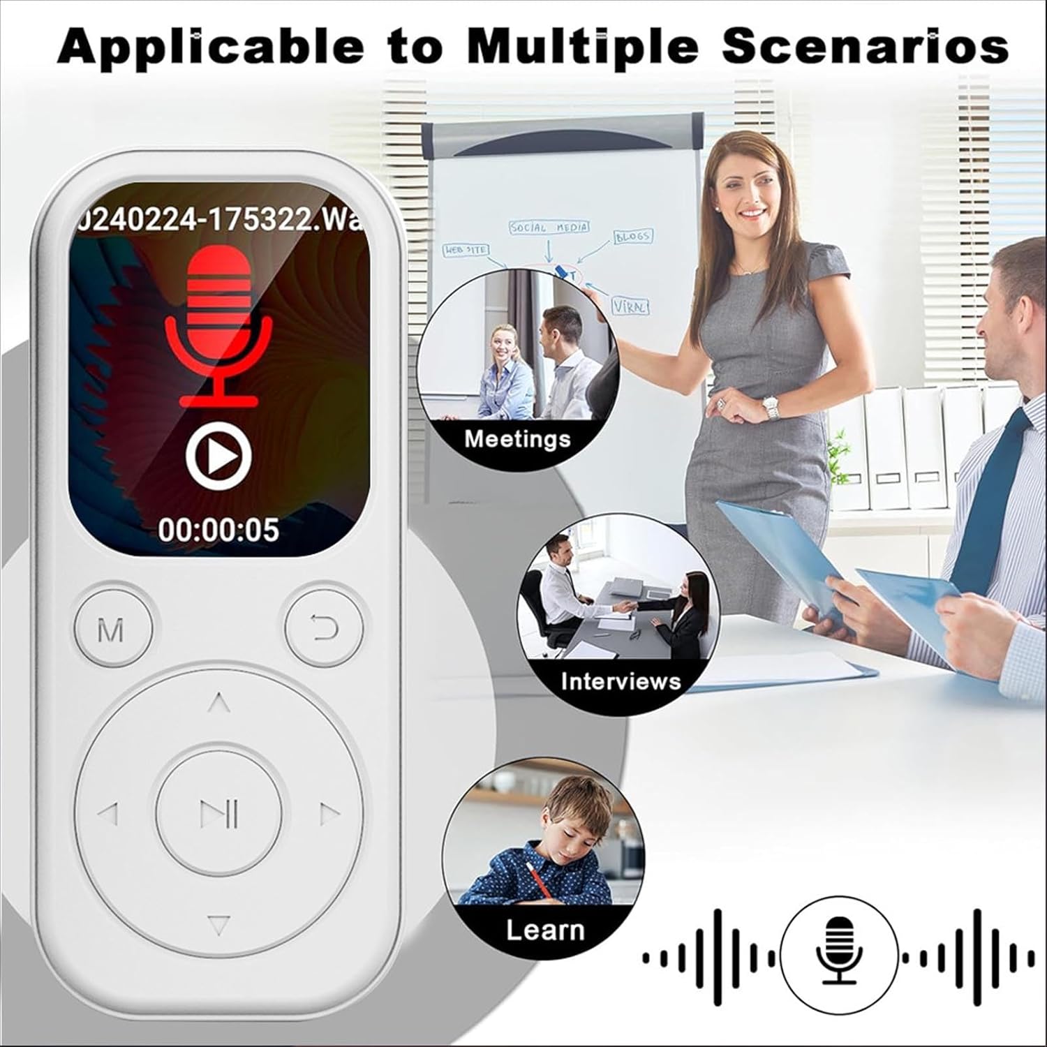 Cuifati MP3 Player displaying its recording interface, surrounded by small circular images depicting various recording scenarios like meetings, interviews, and learning.