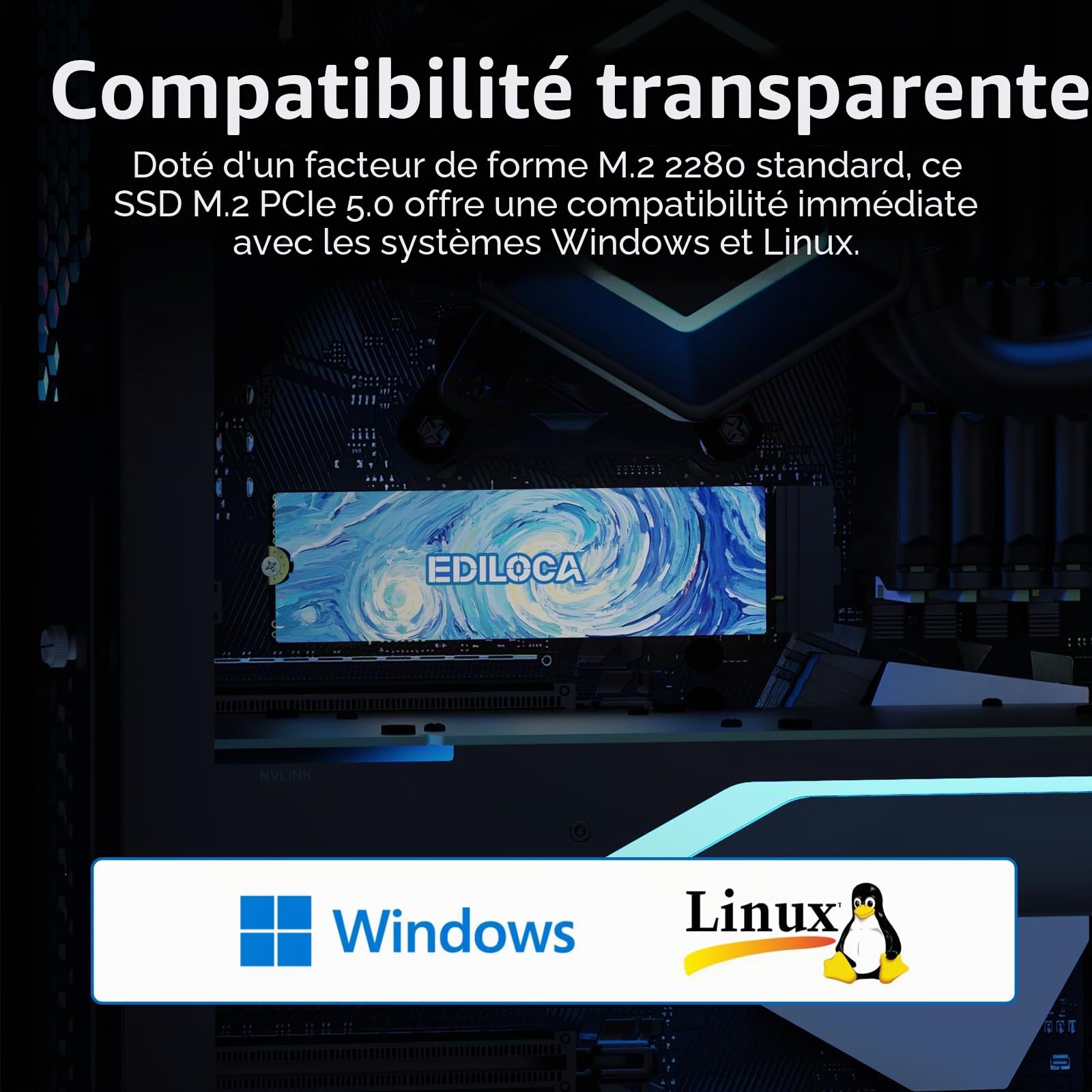 Ediloca SSD 2 to NVMe PCIe 5.0 x4, Lecture Jusqu’à 14 000 Mo/s, Écriture 10 000 Mo/s, 2 Go LPDDR4 DRAM & Cache SLC Dynamique, M.2 2280 3D TLC pour Jeu, Montage vidéo, PC/Portables (EN1400 Pro)