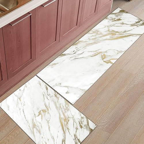 Marble 2Pcs Kitchen Rugs, Anti Fatigue Kitchen Mat Non Slip Rug Runner Comfort Standing Floor Mats Kitchen Carpet Set for Sink, Laundry - Natural,