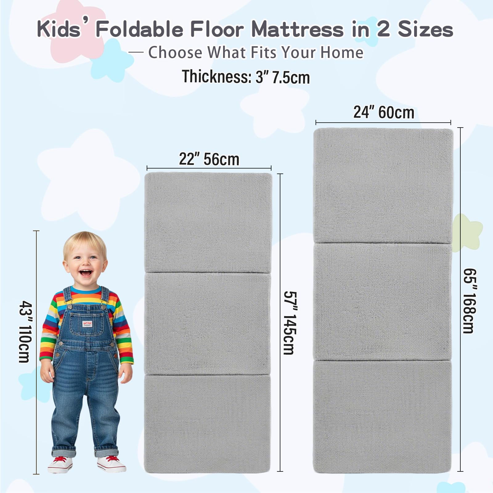 Tiita Matelas de sol à trois volets pour enfants, chaise pliante avec housse lavable en machine, tapis de sieste portable pour tout-petits avec sac de rangement pour filles et garçons