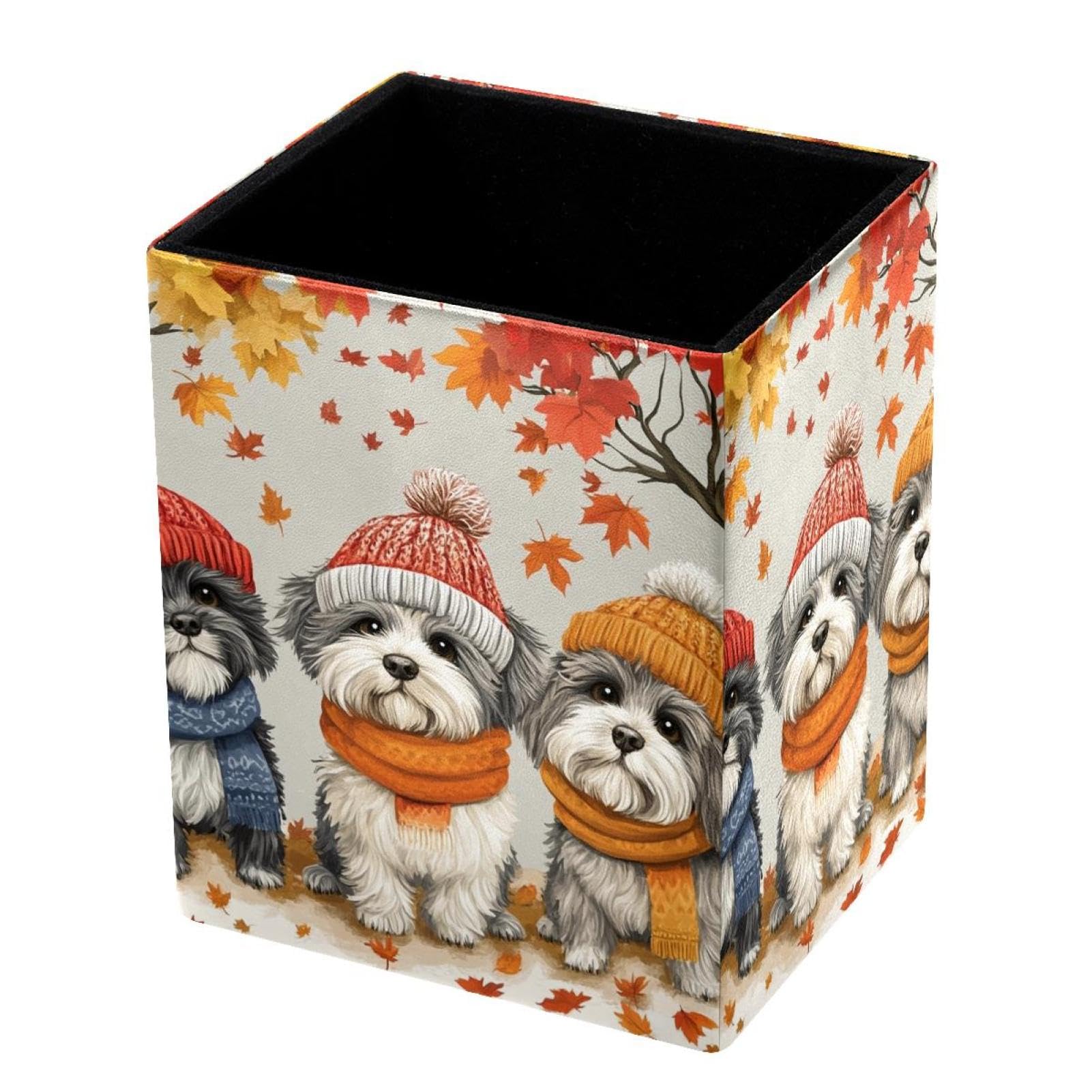 FWJZDSP Desk Pen Holder, Cute Dog Maple Leaves Pencil Organizers, Pencil Holder Pencil Case Cup Pencil Bag for Desk Office Pen Case for School