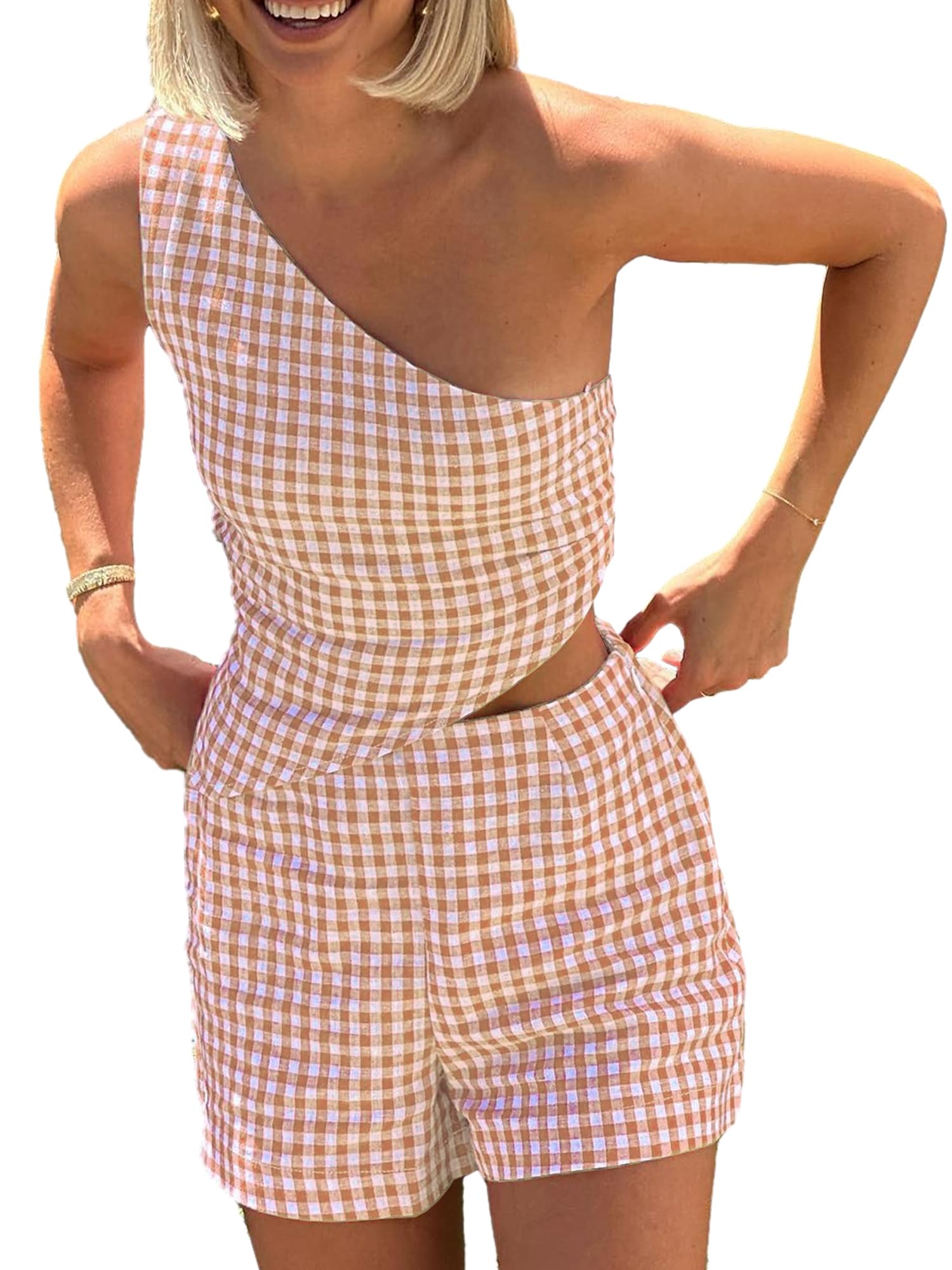 YILEEGOO Women's 2pcs Summer Outfit Gingham Co-ord Set Jumpsuit Plaid One Shoulder Tie Back Crop Tank Top Vest + Shorts Set (Khaki, M)