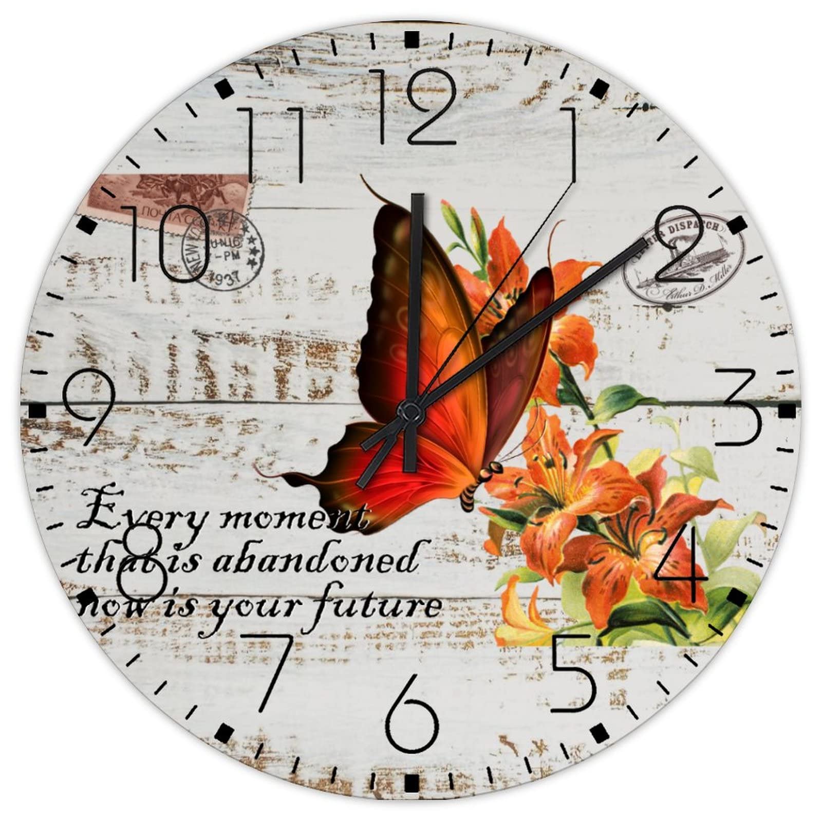 Horloge murale ronde en bois de 15 pouces aquarelle papillon