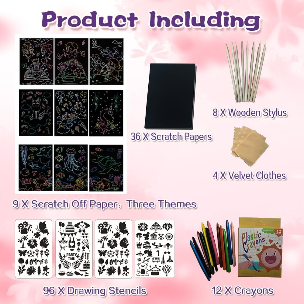 OMTOFUEN 36+9 Scratch Art Paper Kit with Pre-Outlined Template Customizable Paper 4 Follow Boards 8 Scratch Pens 12 Crayons 4 Velvet Clothes for up to 8 Kids Party Gift Birthday Christmas Halloween - Image 6