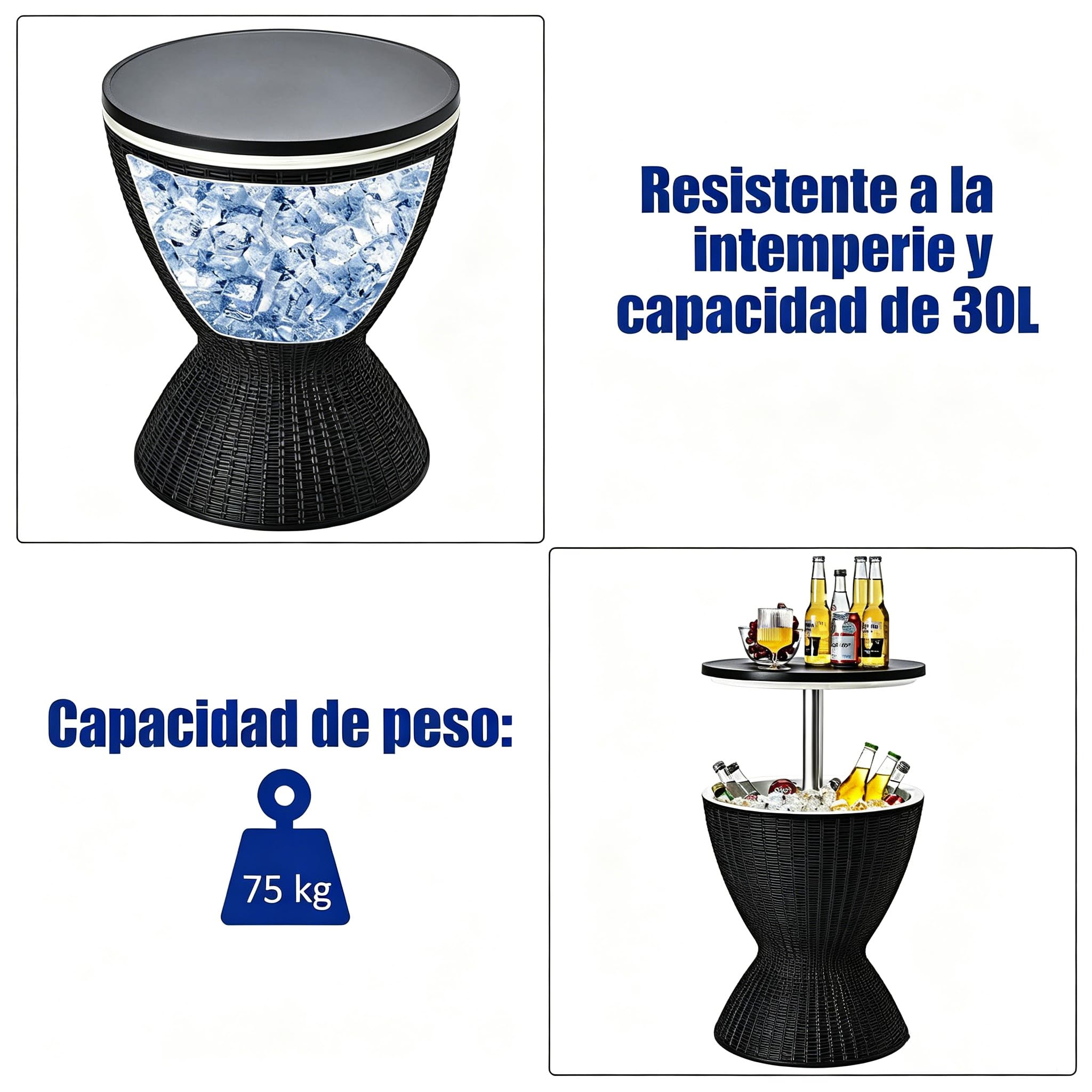 GYMAX Cool Bar 30L Mesa Auxiliar 3 en 1 con Tablero Extensible para Bebidas y Aperitivos, Enfriador de Bebidas en Aspecto de Ratán, Enfriador de Cerveza y Vino para Jardín, Terraza (Negro)