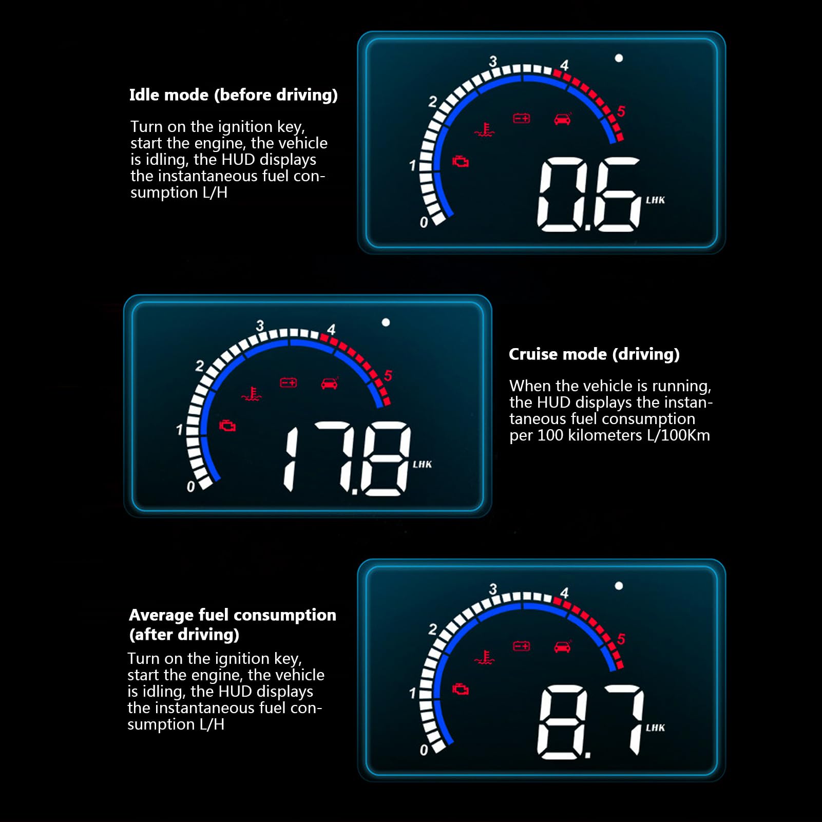 Monitor de proyector HUD con pantalla frontal universal para vehículos estándar OBD II - Instrumento multifunción portátil con velocidad RPM Temperatura del agua Pantalla de
